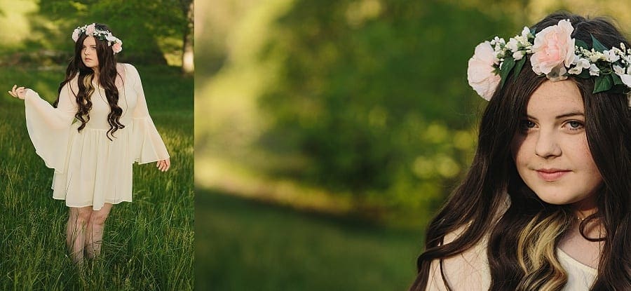 teen in cream flowing dress with pink rose flower crown