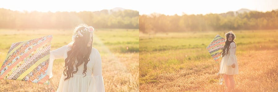 golden light streaming through field, white teen holds handmade fabric kite