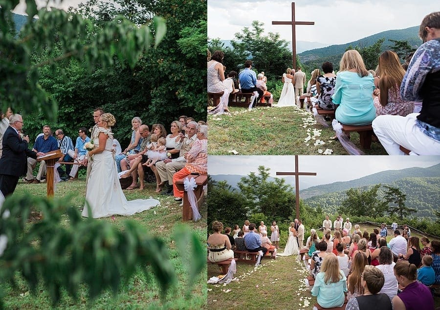 Mountain view wedding ceremony with cross in background