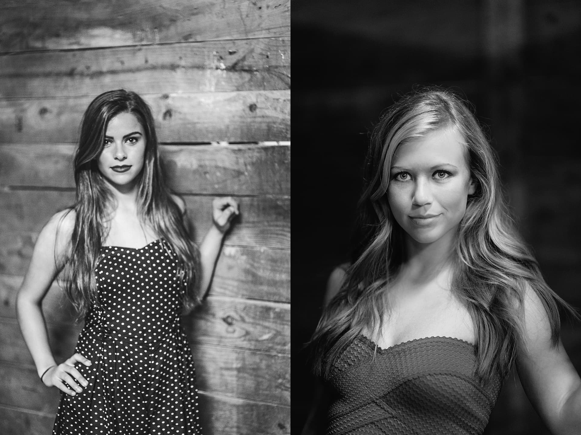 black and white senior picture in barn with shadows