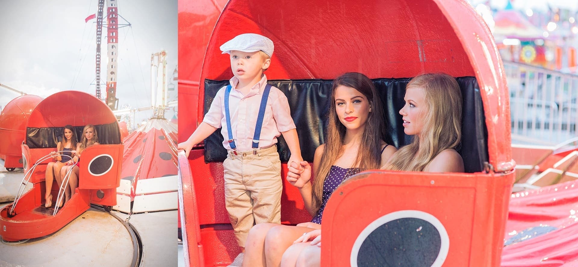 Vintage styled girls with dapper boy on red fair ride