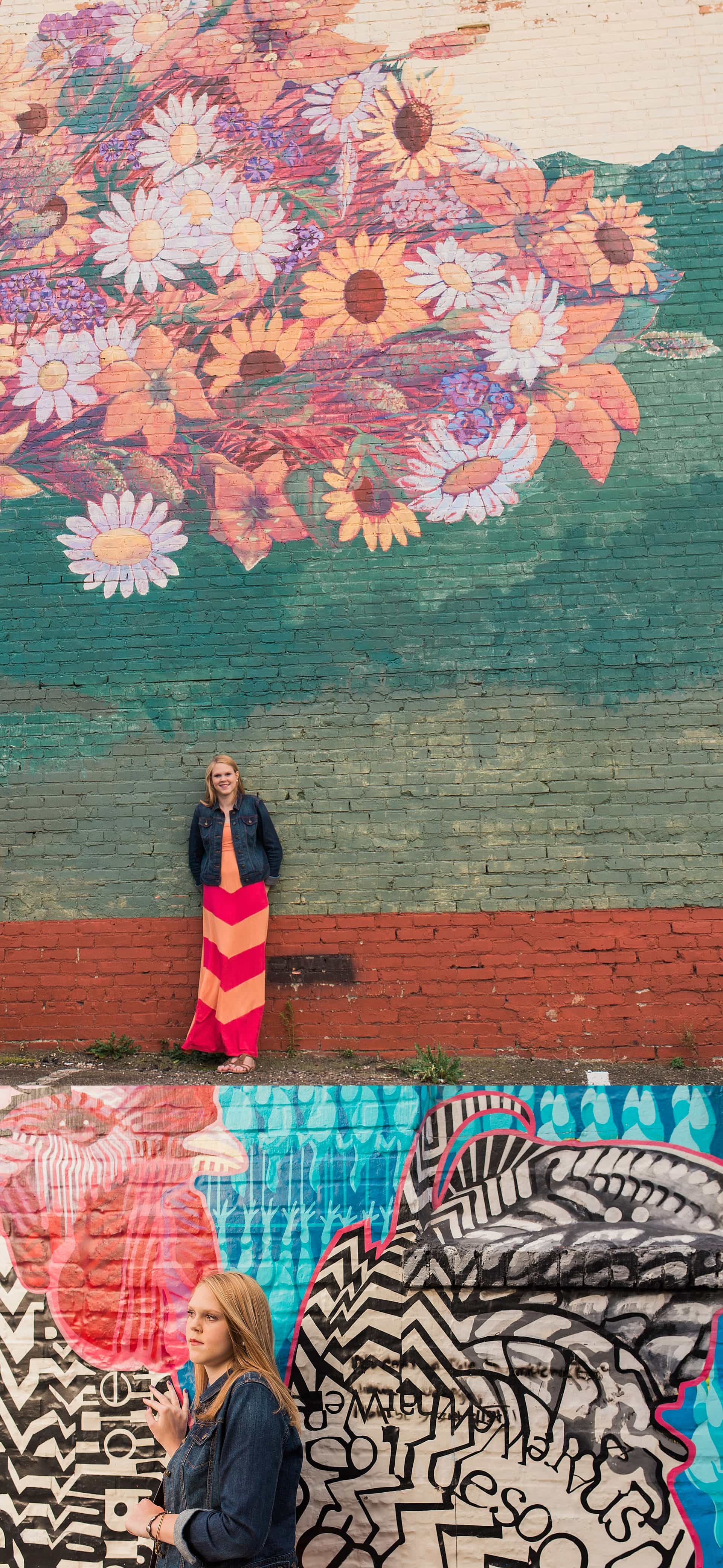 Murals downtown Asheville with teen in front of