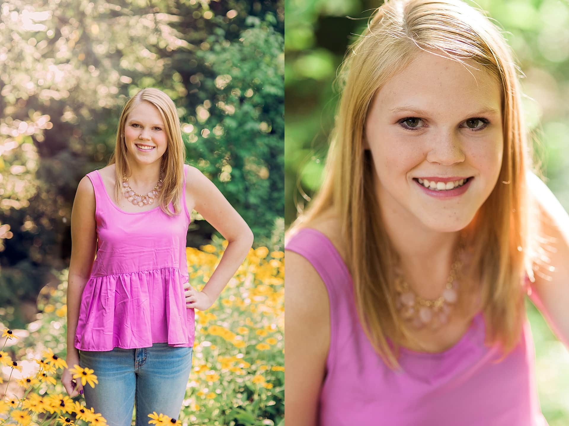 High School senior in pink top outside surrounded by greenery and yellow flowers in Asheville NC