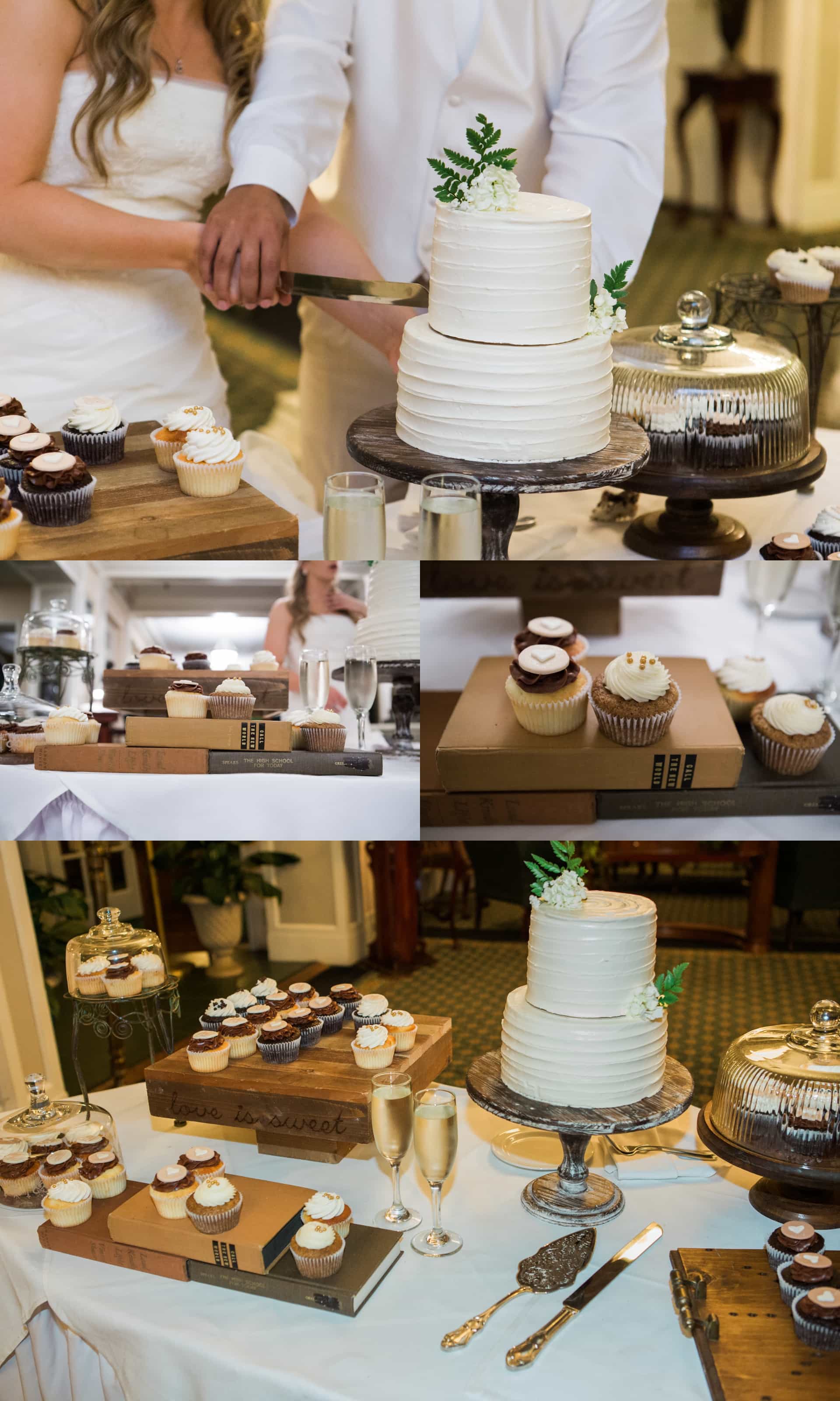 cupcakes and wedding cake at lake lure inn wedding