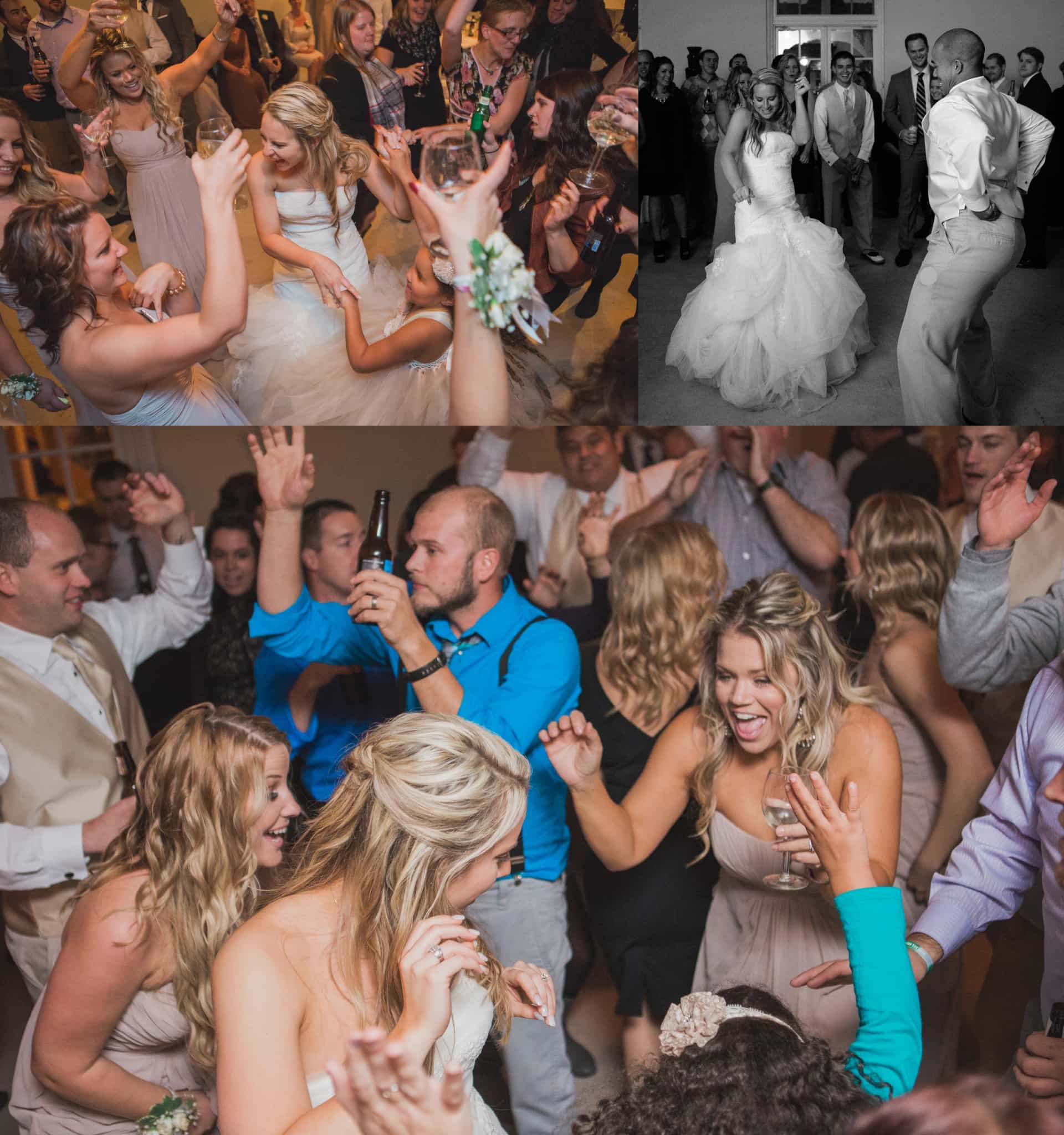 bridal party dancing at reception at Asheville wedding