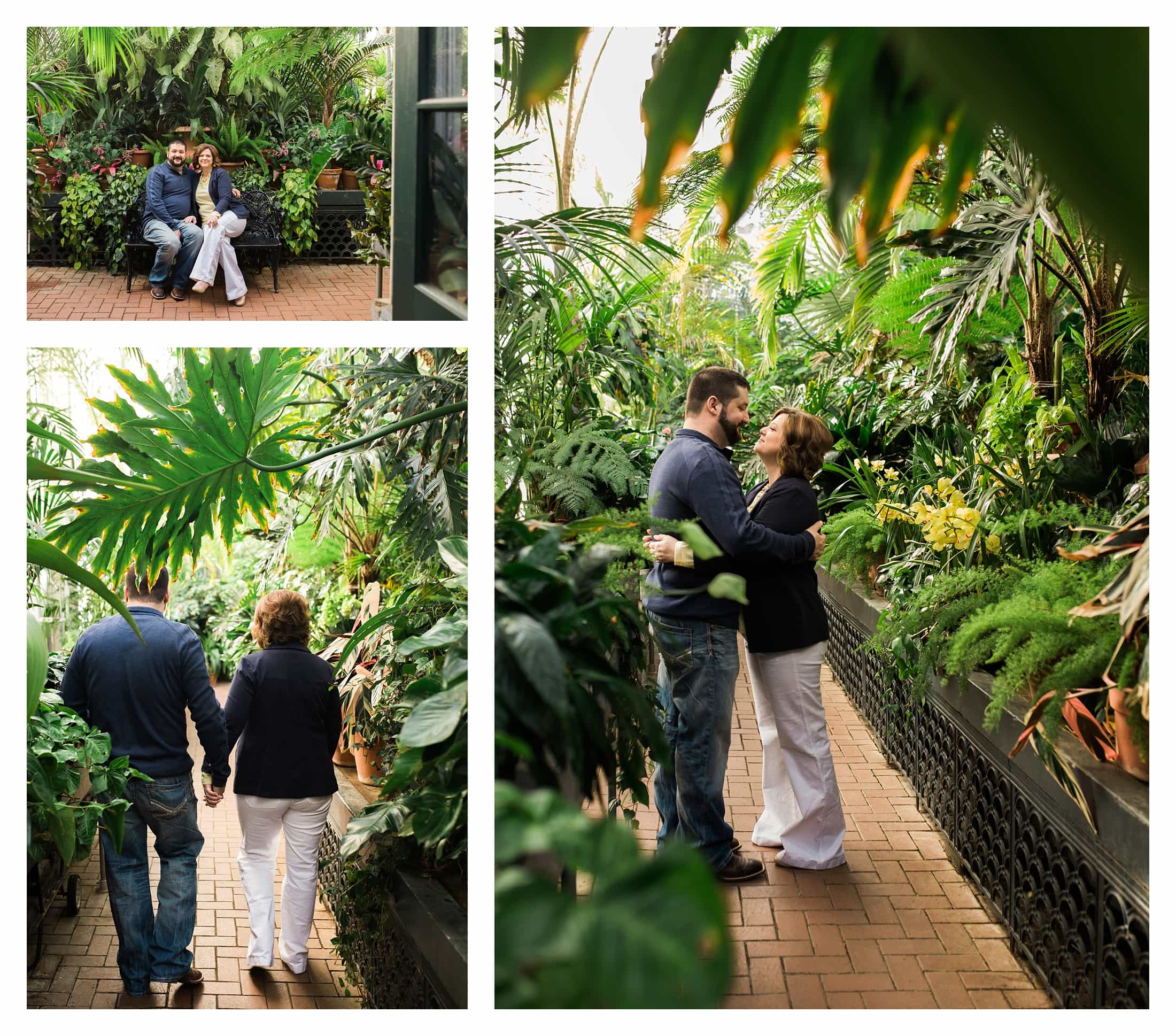 Couple in surrounded by plants in greenhouse at the Biltmore Estates.