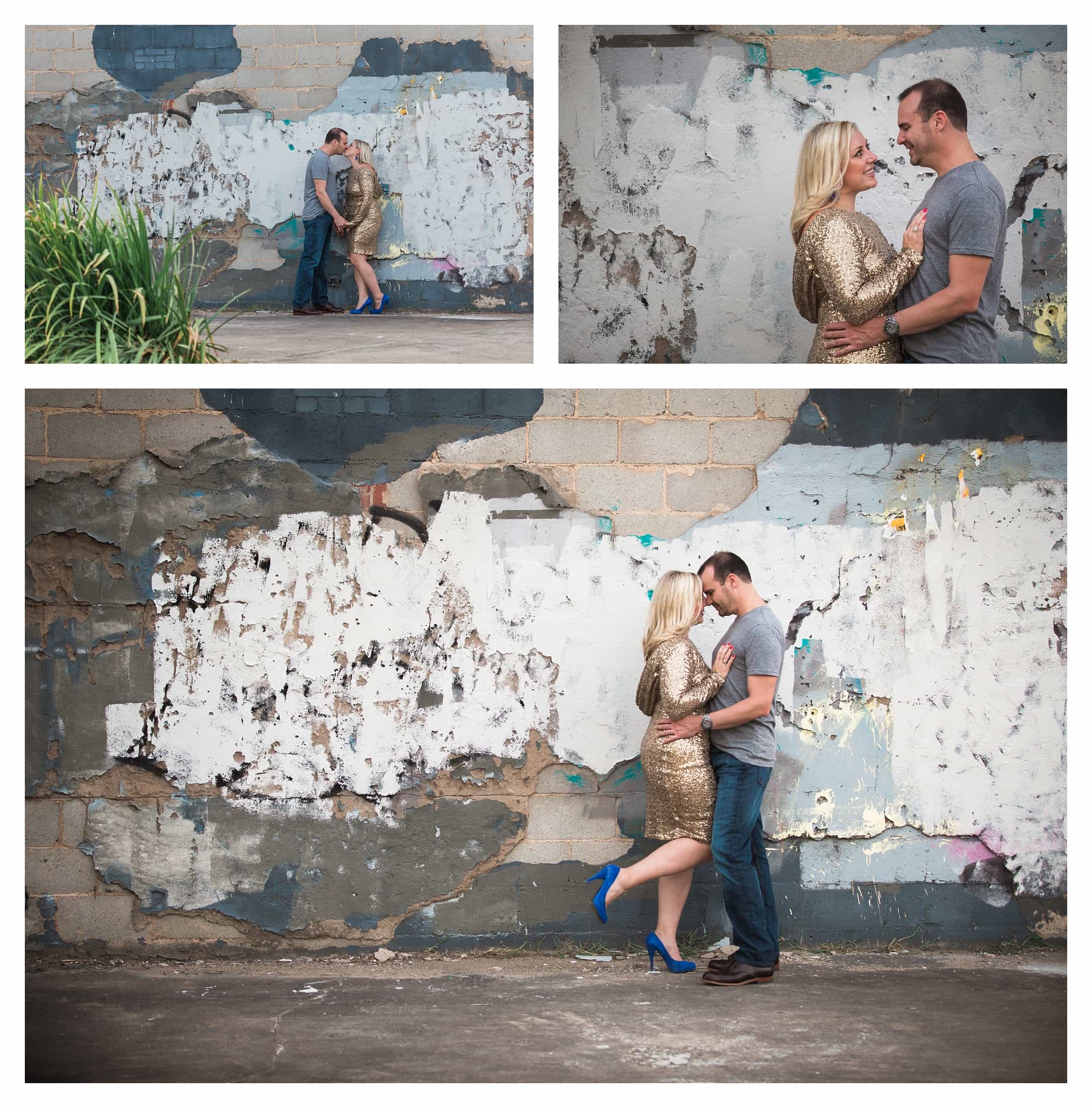Engagement Photos in Urban area, couple in front of textured wall, Destination photographer Asheville NC engagement session