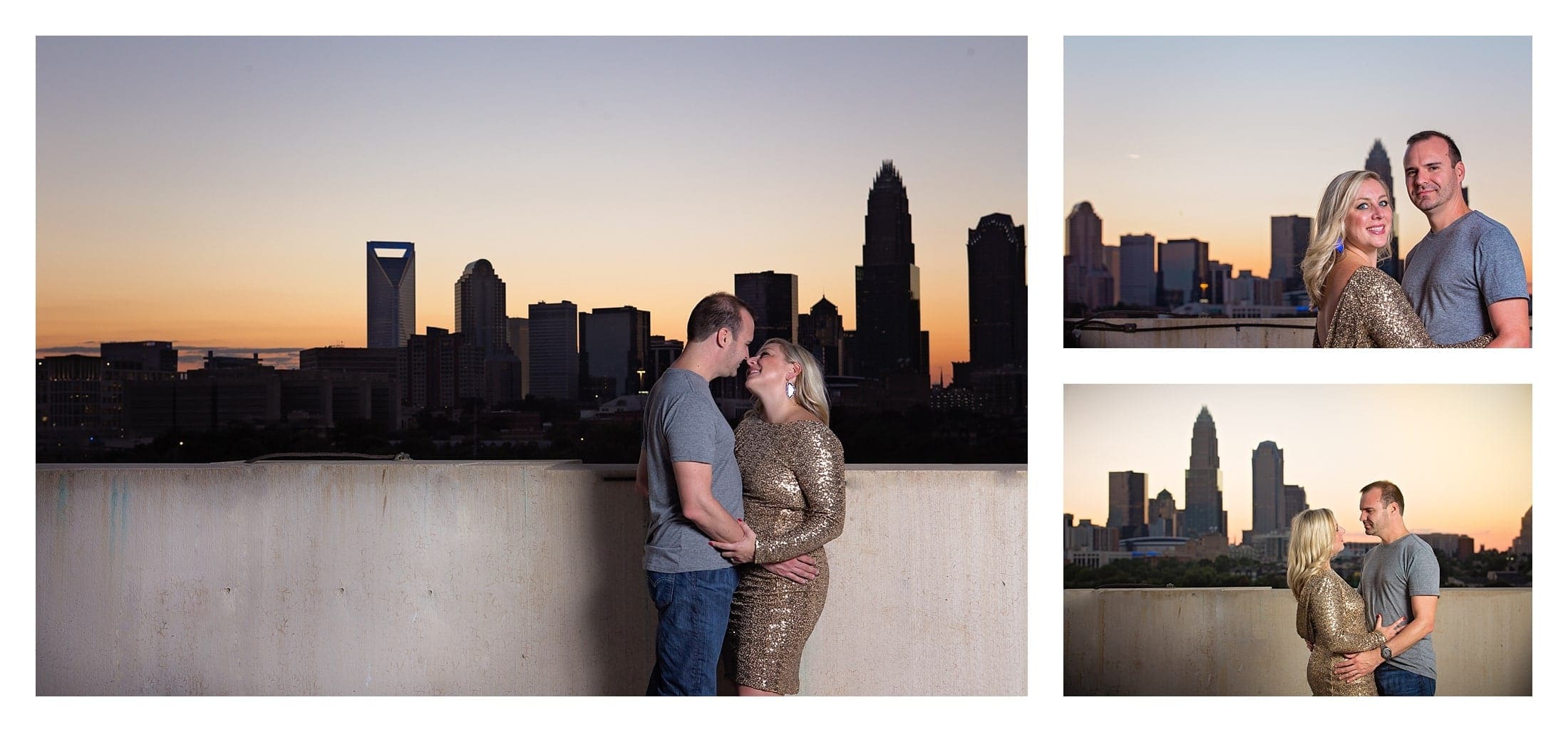 Sequin dress engagement session, Downtown Charlotte at Sunset, Engagement Photography Charlotte NC, Asheville Photographer takes Engagement pictures in Charlotte
