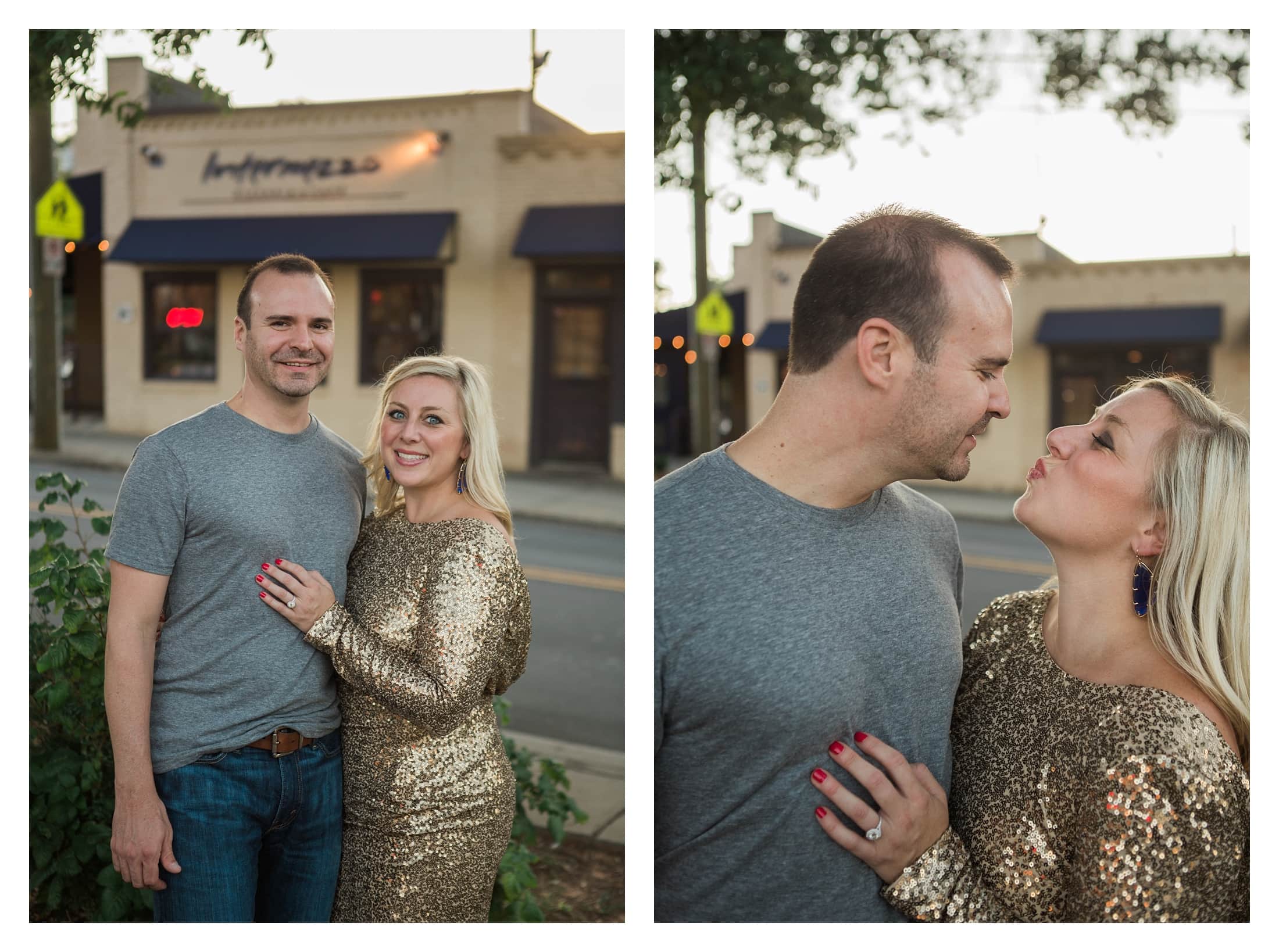 Couple engagement pictures, Charlotte couple in front of place they met, unique engagement pictures