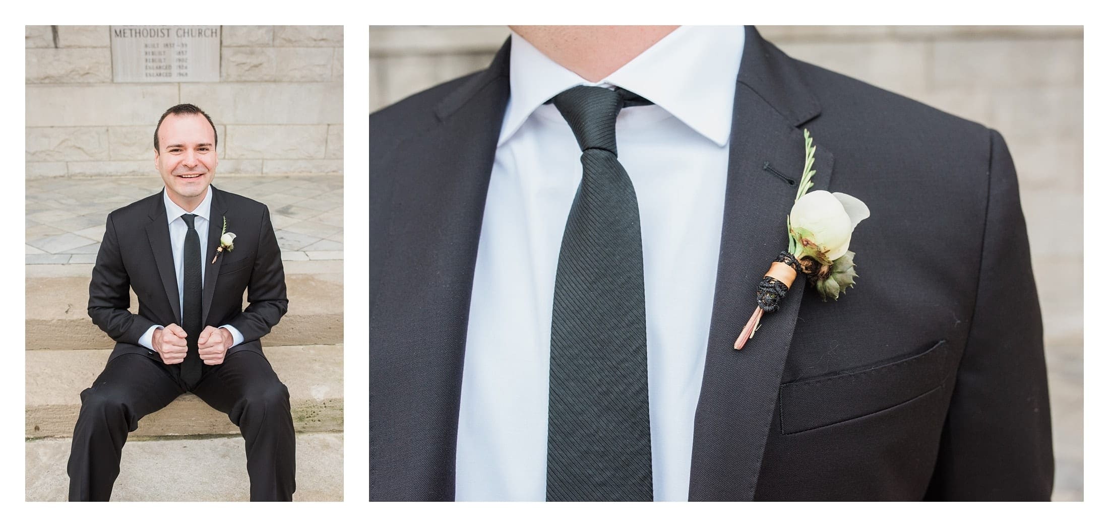 picture of grooms boutonniere, Portrait of groom outside, natural light wedding photography, Groom pictures downtown Asheville.