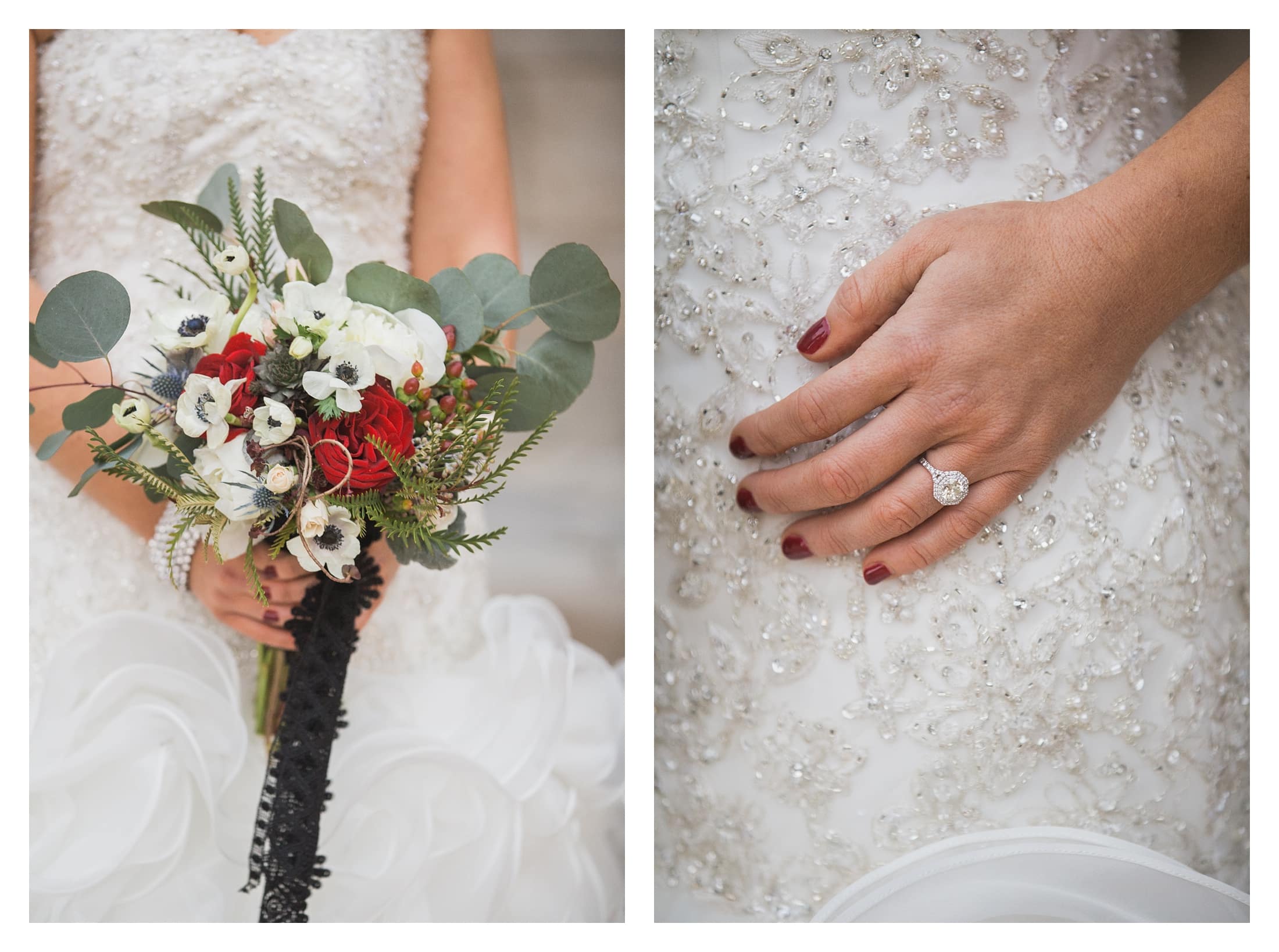 Bridal bouquet close up, Asheville wedding bride holding flowers. Winter bridal bouquet, close up of engagment ring