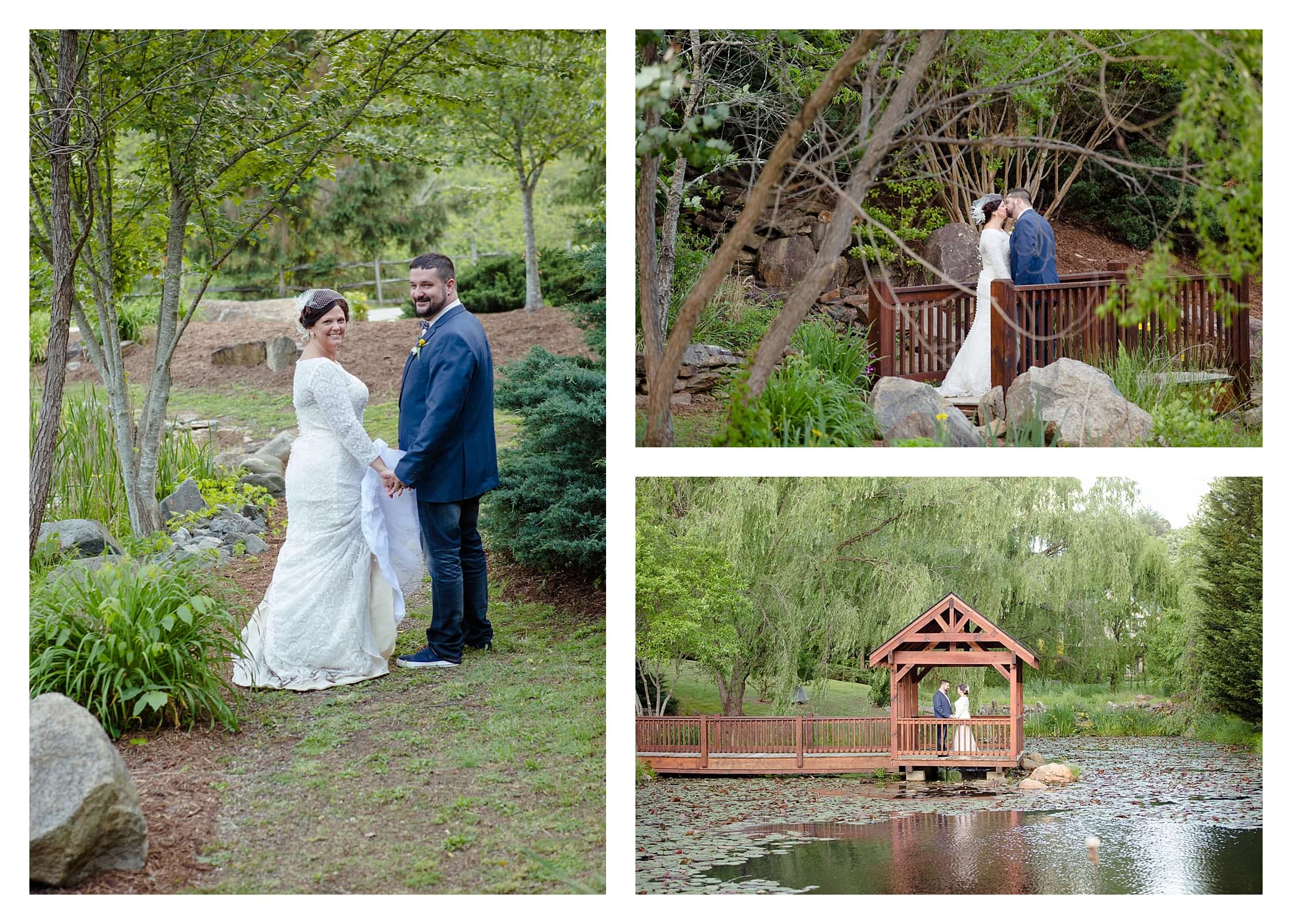 Bride and Groom holding hands at lily pond.