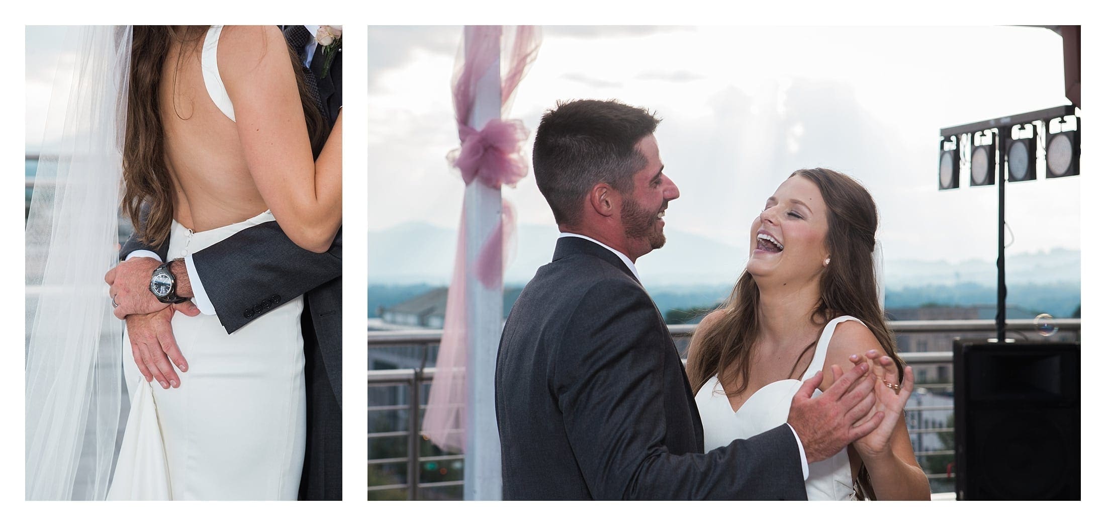 Bride and groom dance and laugh during the first dance.