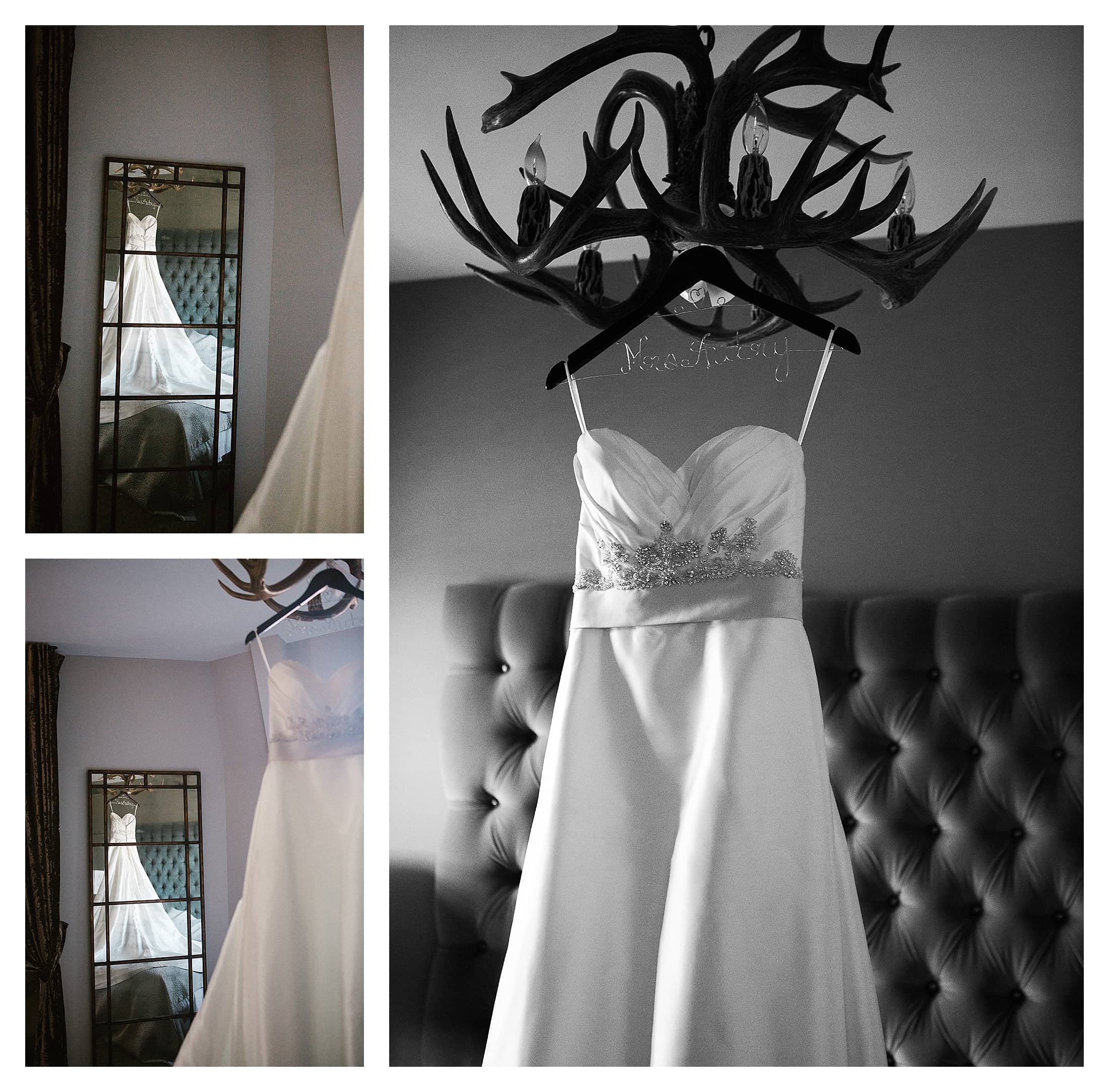 Dress hanging in bridal suite at Grand Bohemian, Asheville NC. Couple photographer Kathy Beaver Photography.