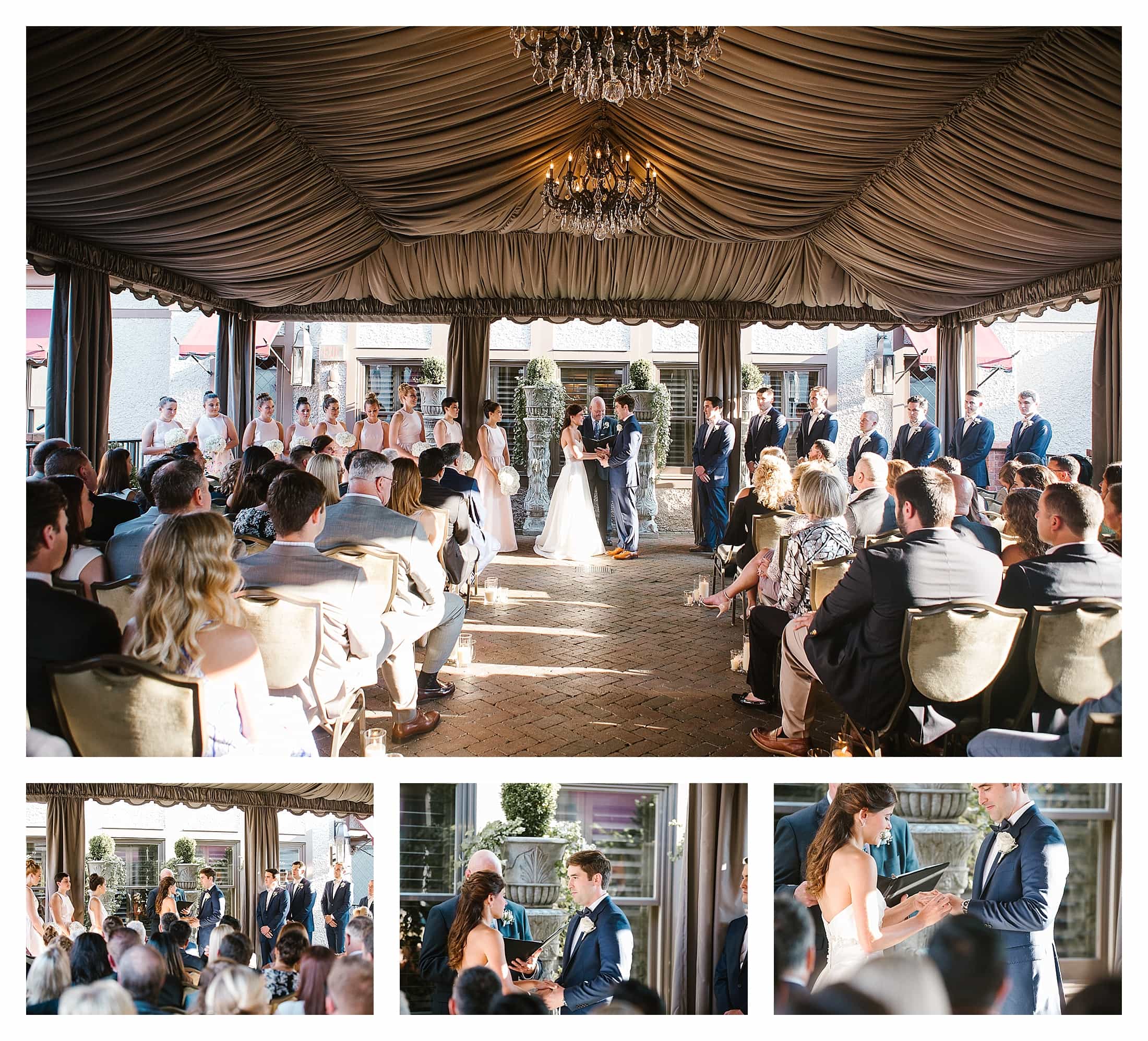 Grand Bohemian Asheville Outdoor elegant covered ceremony area. Wedding pictures by Kathy Beaver.