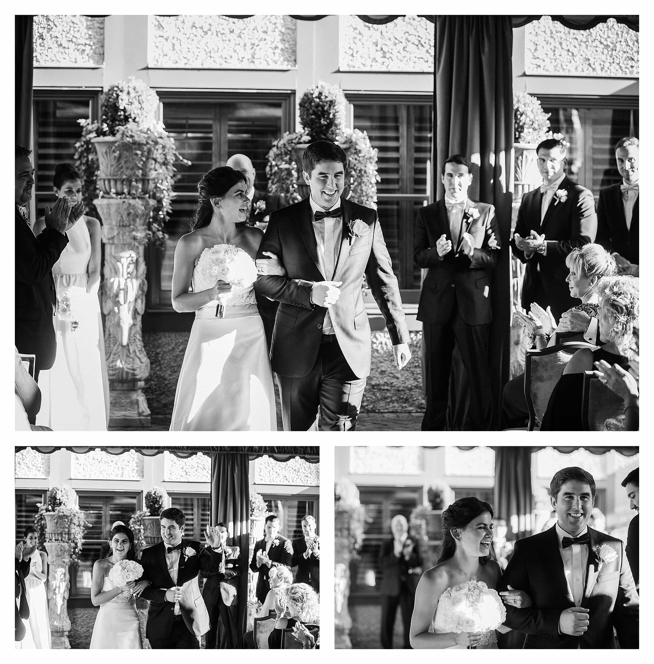 Bride and groom exiting ceremony at Grand Bohemian Asheville. Kathy Beaver Black and White wedding photography.