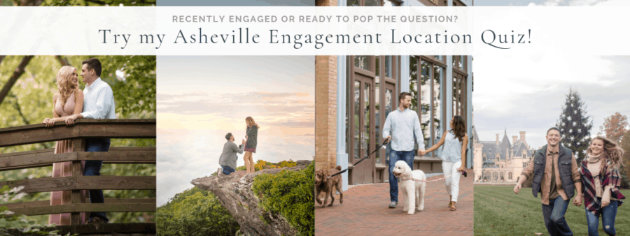Multiple different images of engaged couples posing in different locations around Asheville, NC - Photography all done by Kathy Beaver Photography