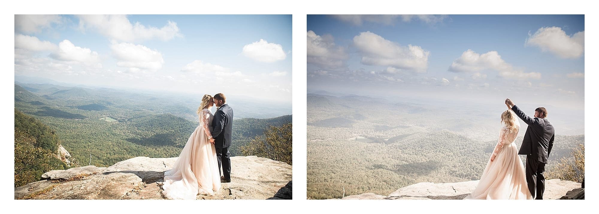 Bride and groom overlooking mountain view Asheville