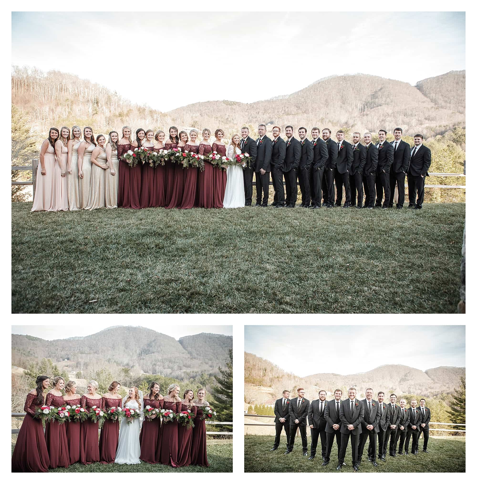 Large Bridal party with mountains in the background.