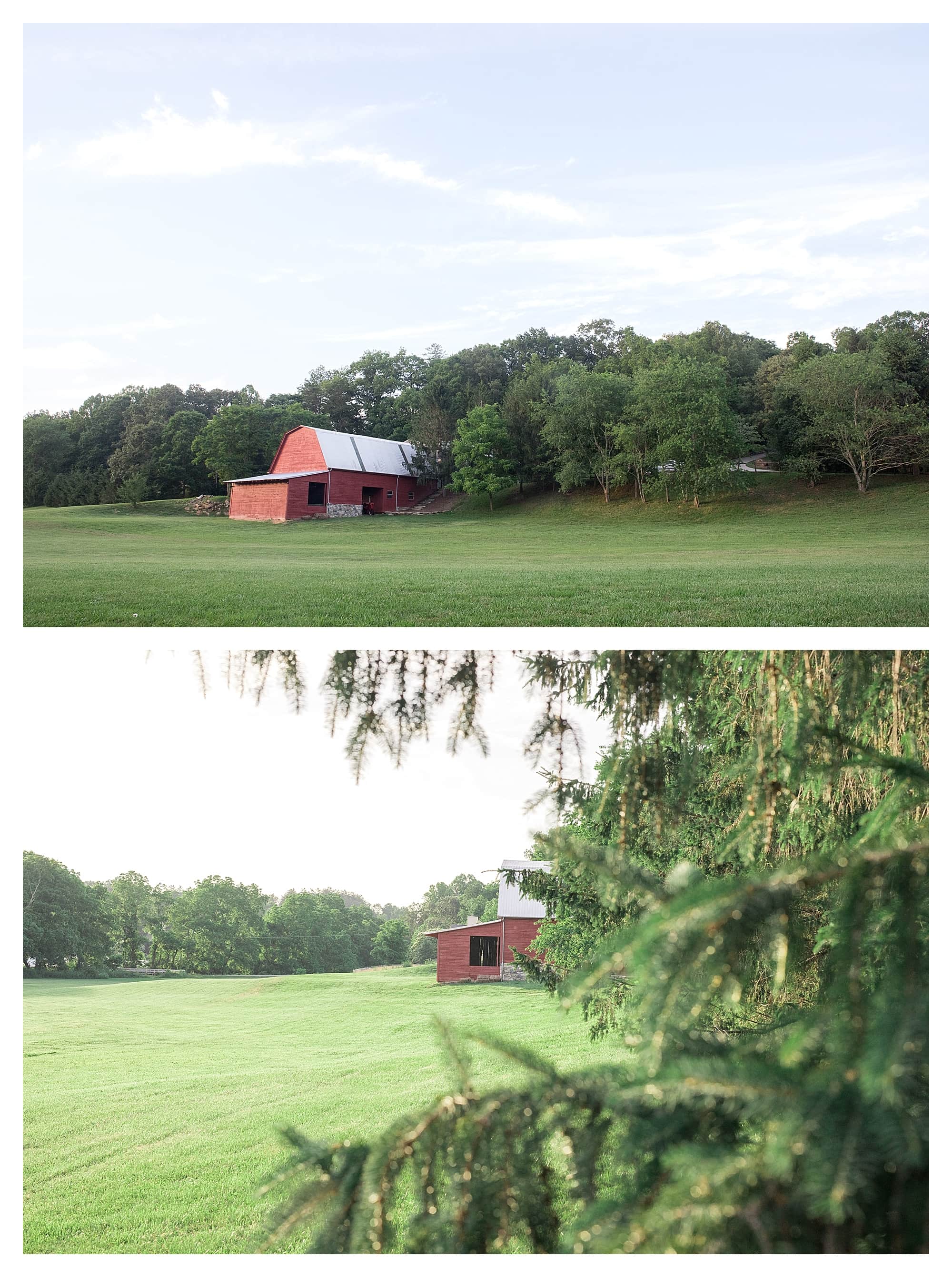 Red barn with open field surrounding it outside of Asheville