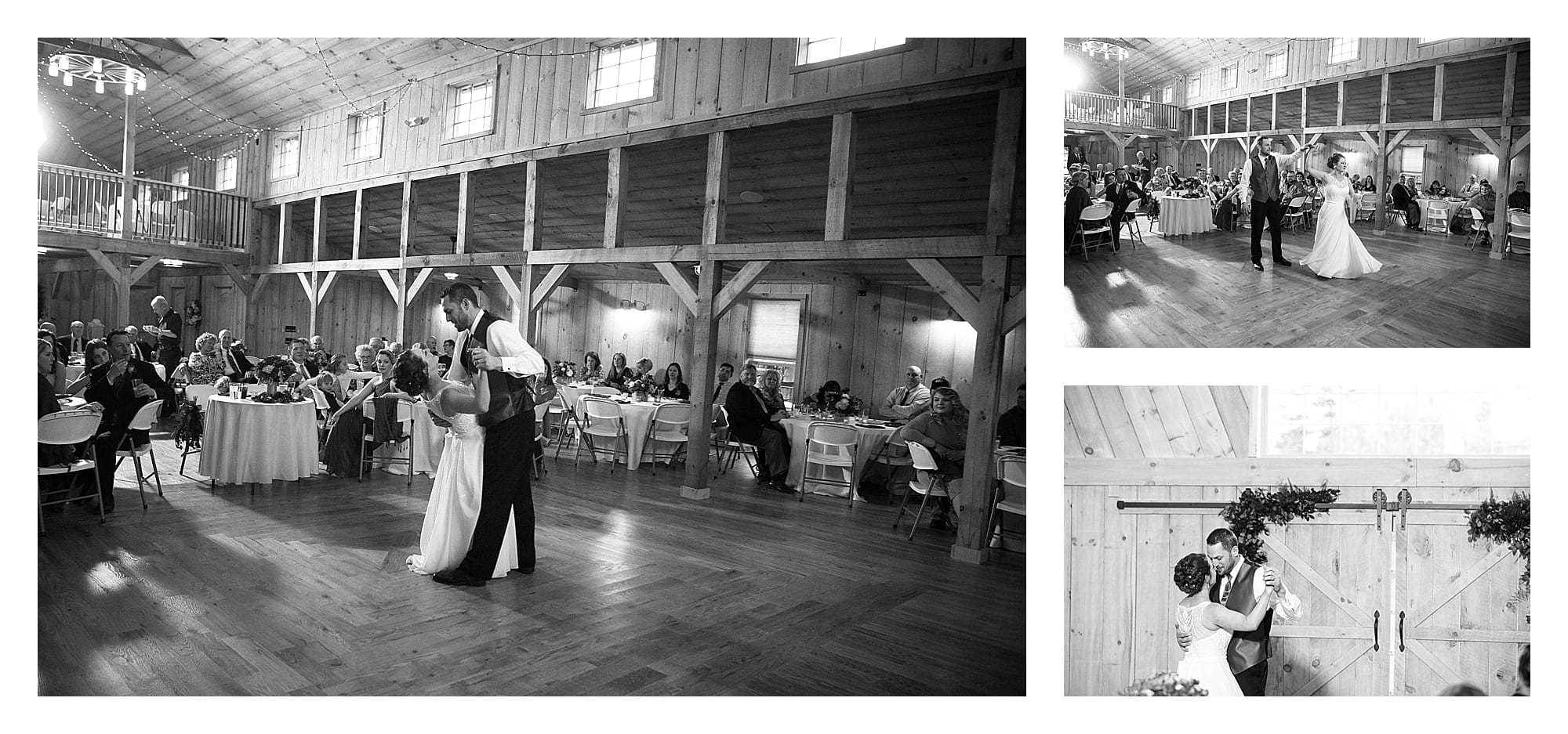 first dance pictures in barn in black and white