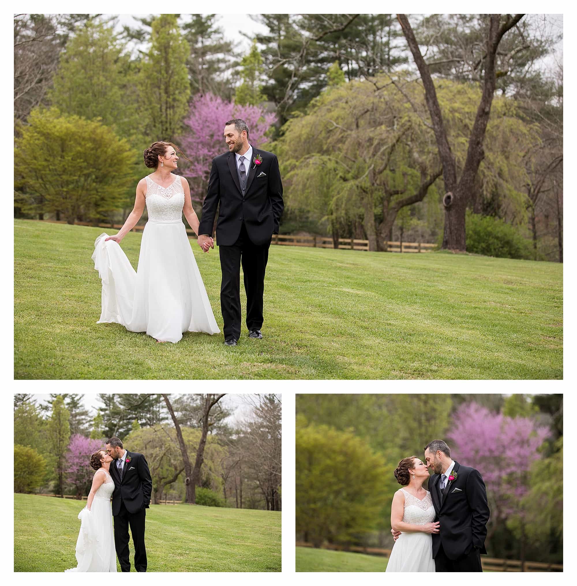 bride and groom with spring trees