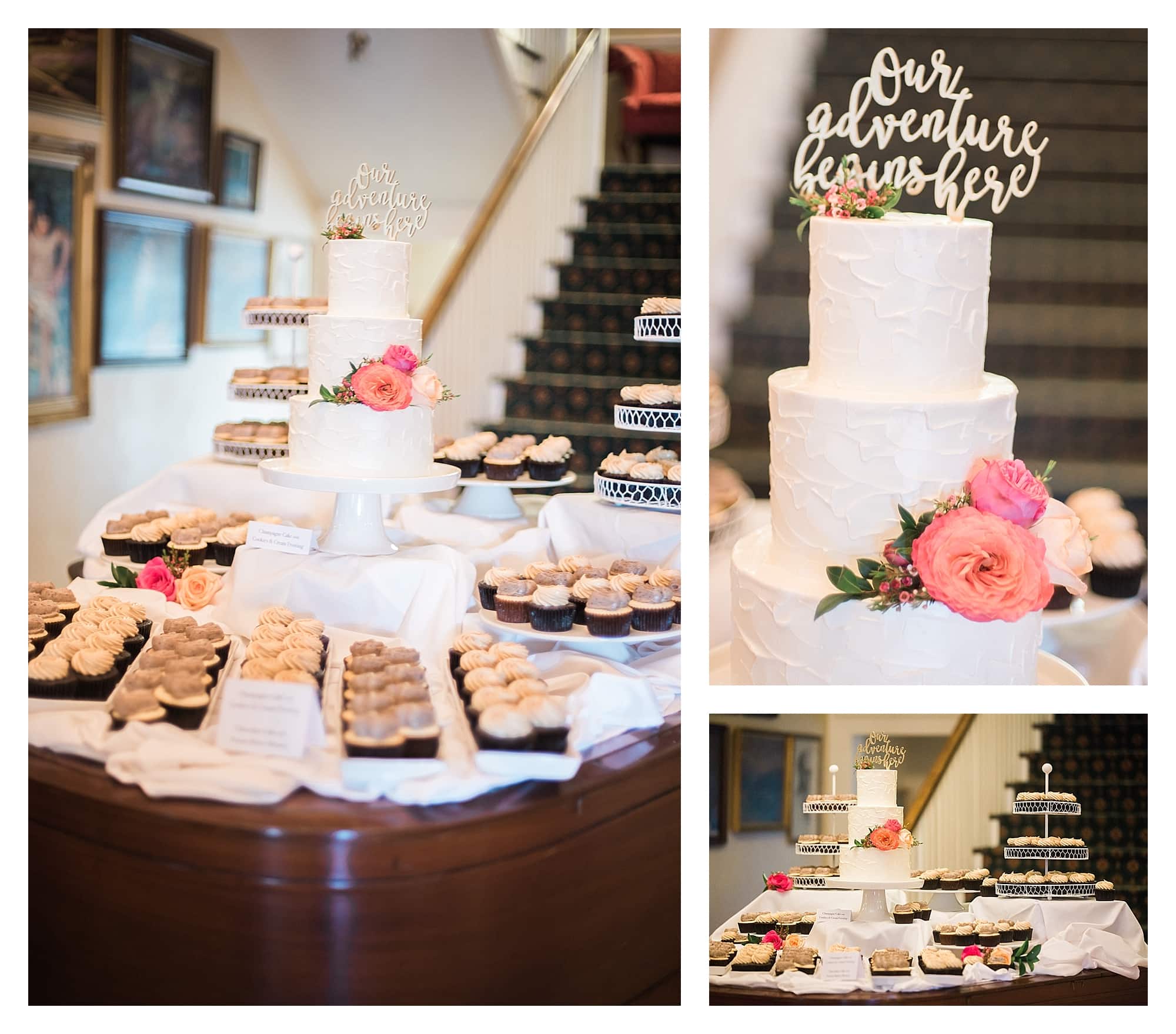 Mini cupcakes and wedding cake on piano display