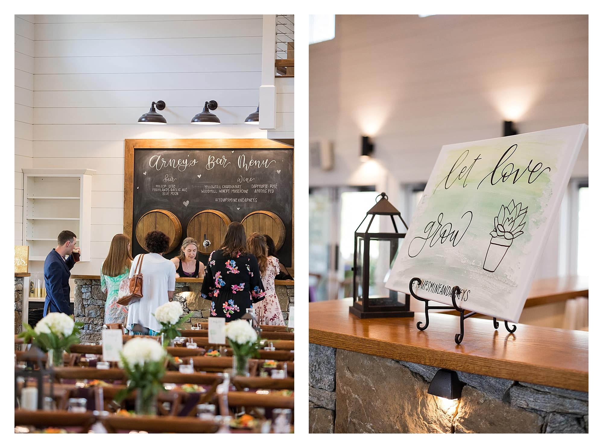 hand lettered chalkboard sign at wedding repection