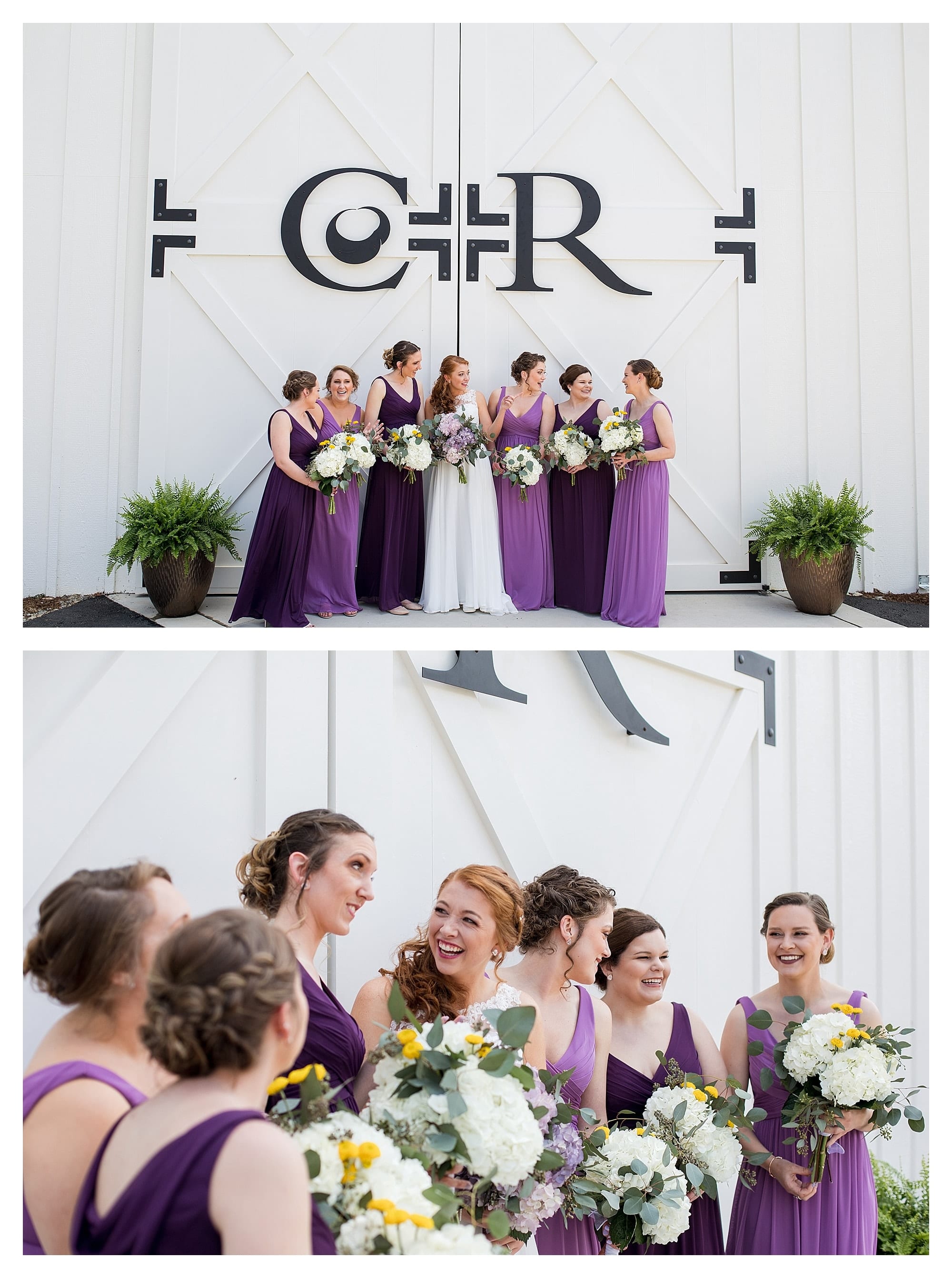 Spring wedding with bridesmaids in shades of purple