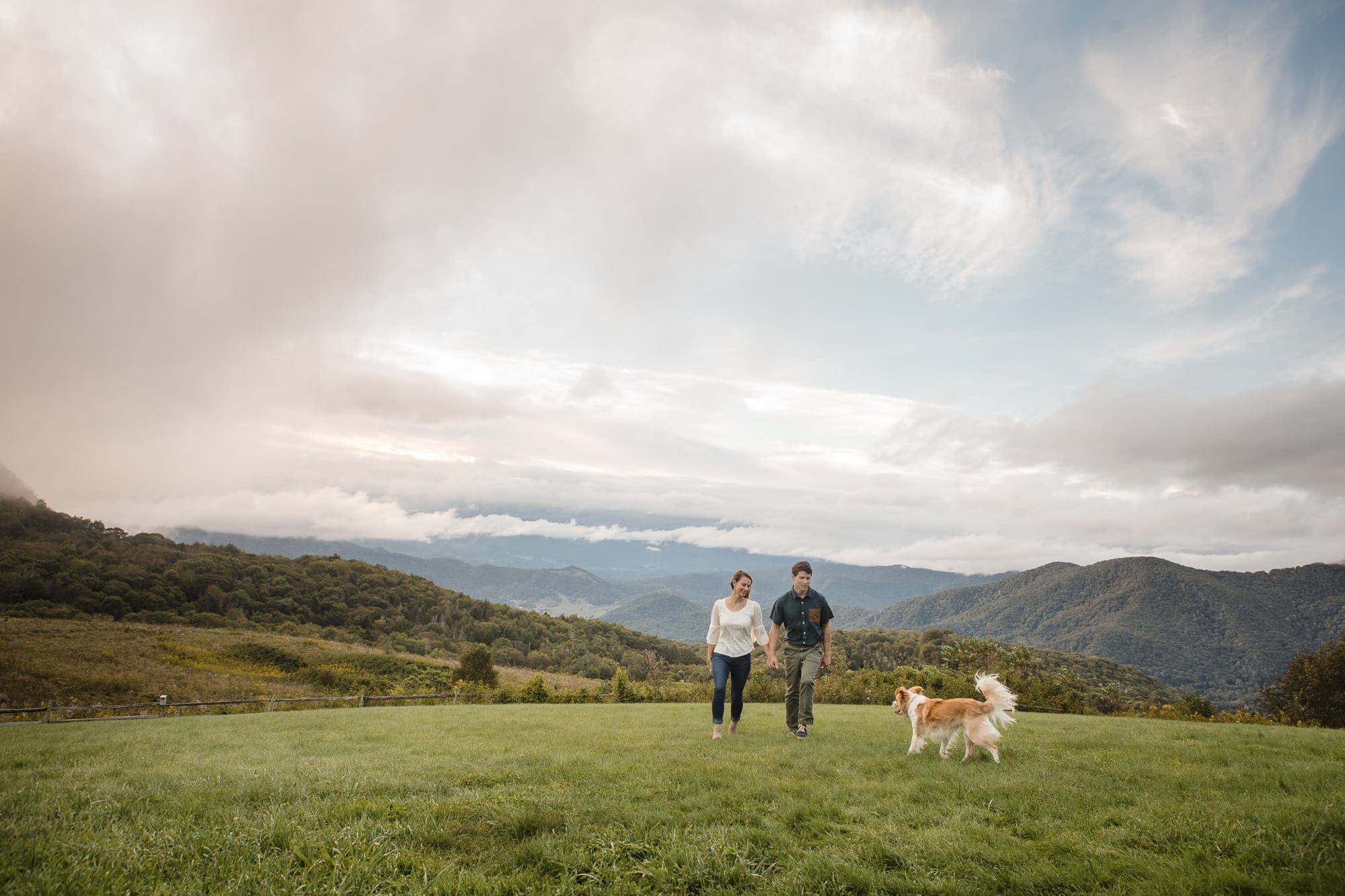 Couple walking and holding hands through field with their collie dog, mountains in the distance near Asheville North Carolina photography done by Kathy Beaver.