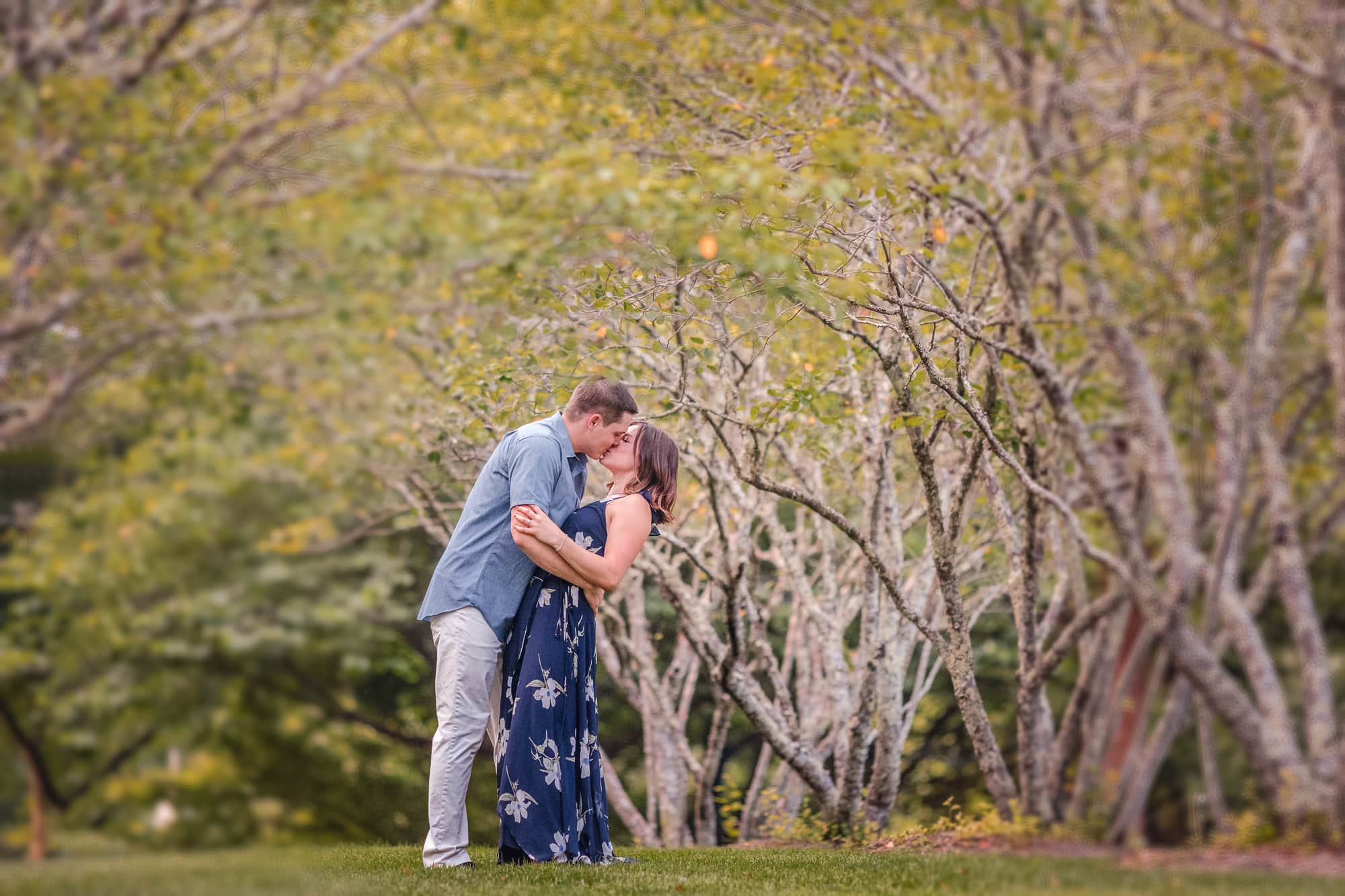 Couple embracing in treed park in Asheville, North Carolina photography done by Kathy Beaver.