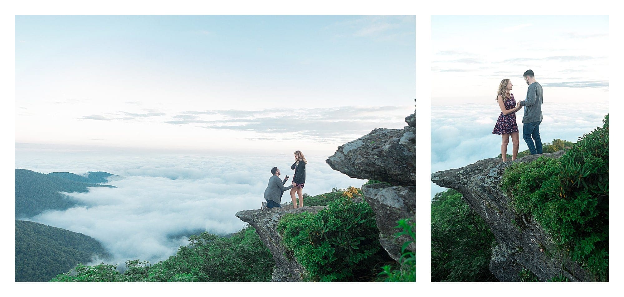 Man proposing to woman on top of mountains edge early morning
