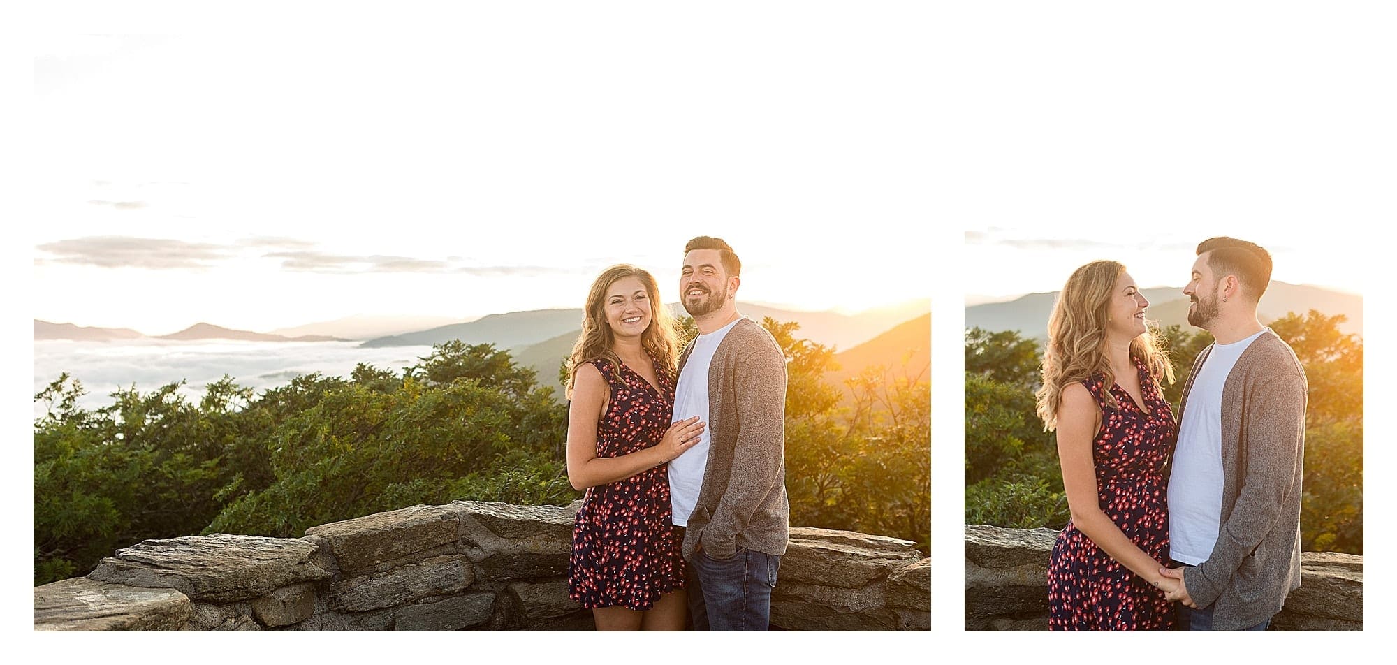 Engaged couple smiling at camera with sunrise and mountains in background