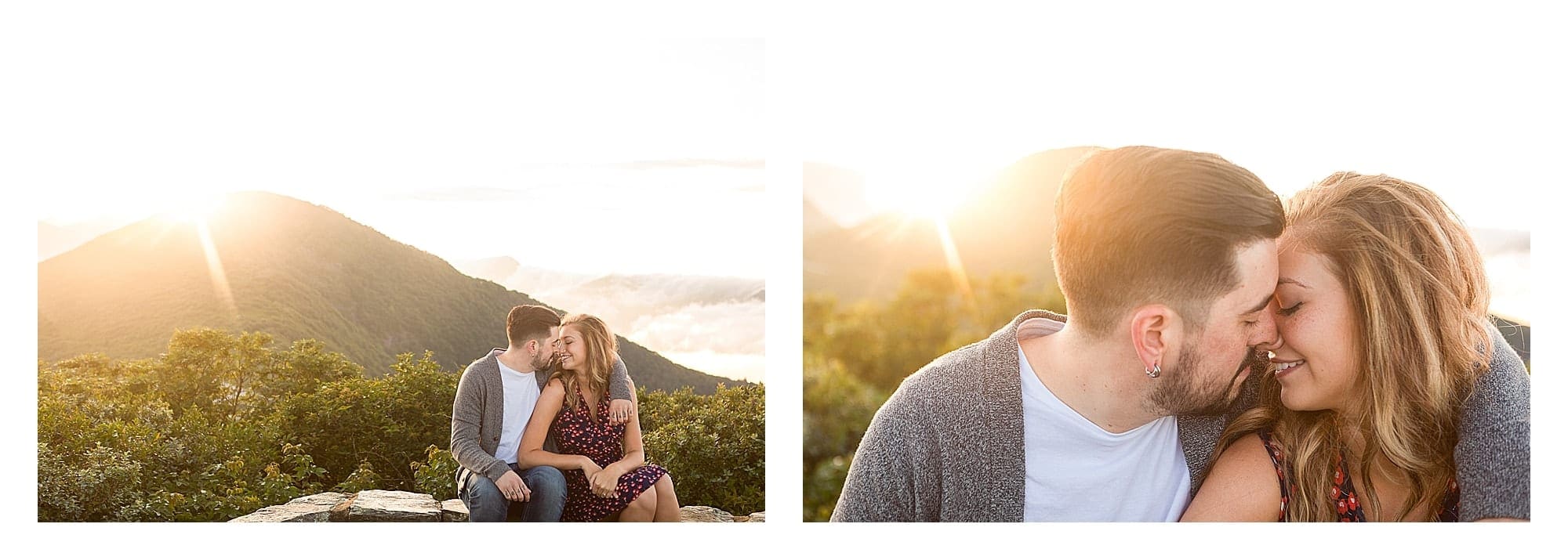 Engaged couple kissing while sitting on brick wall with sunrise and mountains in background