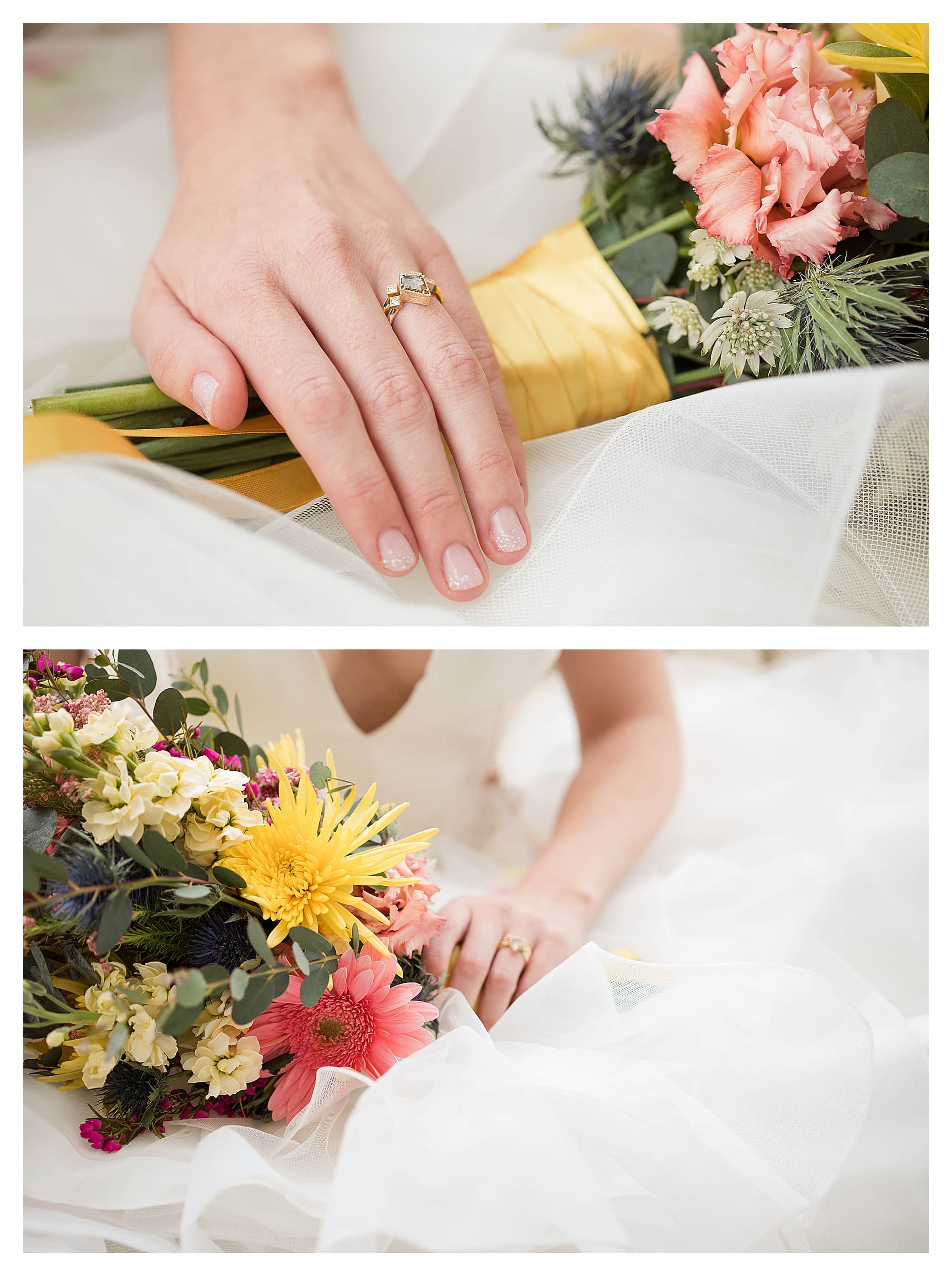 Close up of engagement ring and pink and yellow flower bouquet with bride