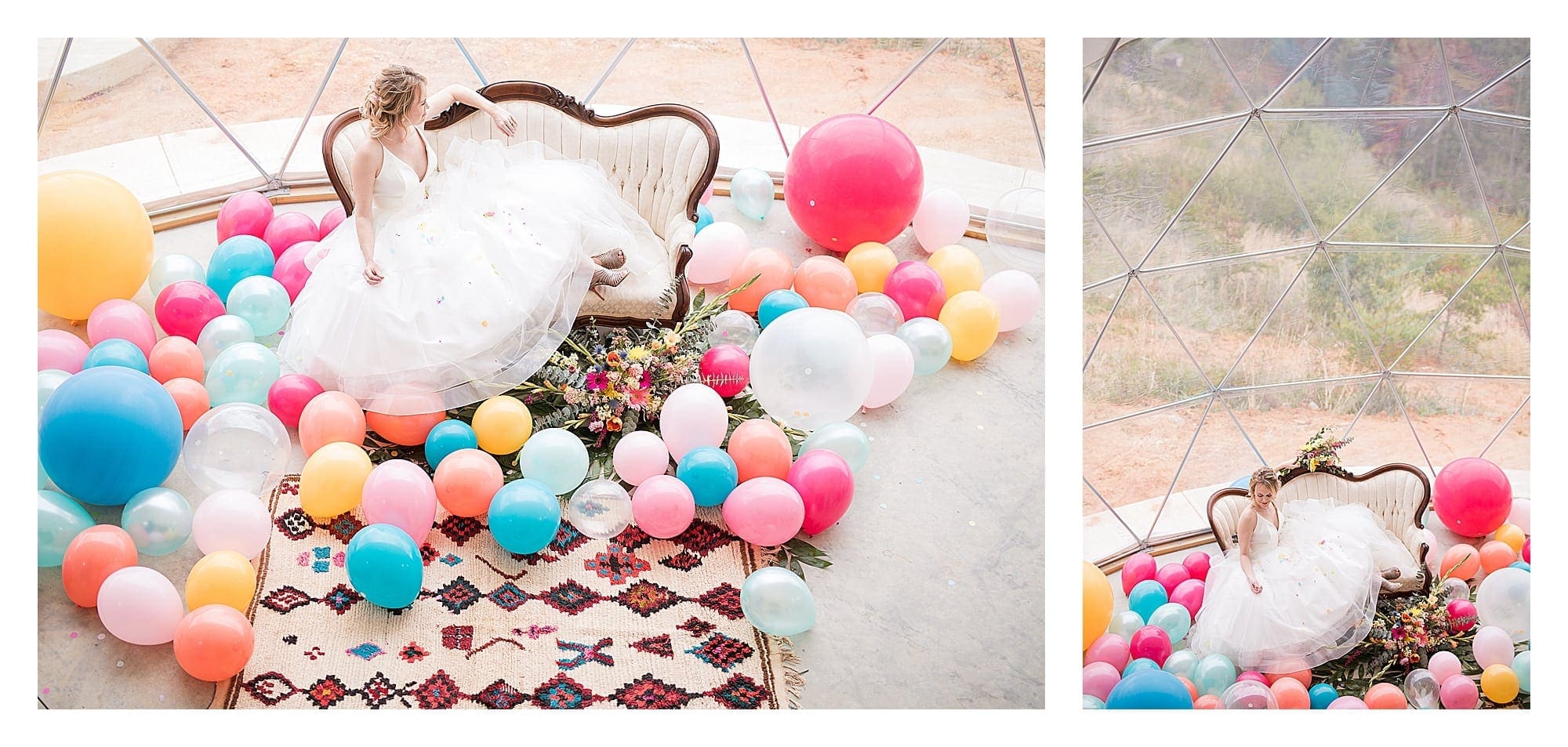 Bride sitting on vintage couch in wedding dress laughing surrounded by many multi colored balloons