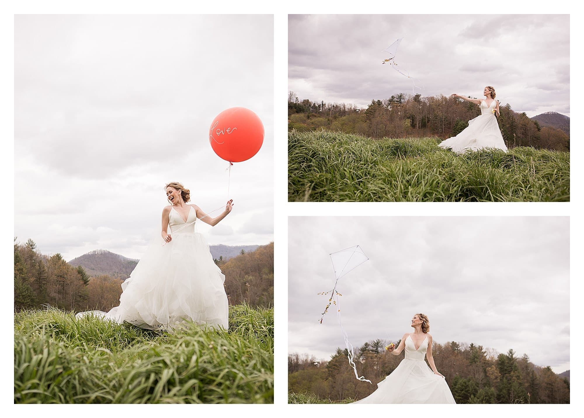 Bride in wedding dress holding red balloon in grassy field