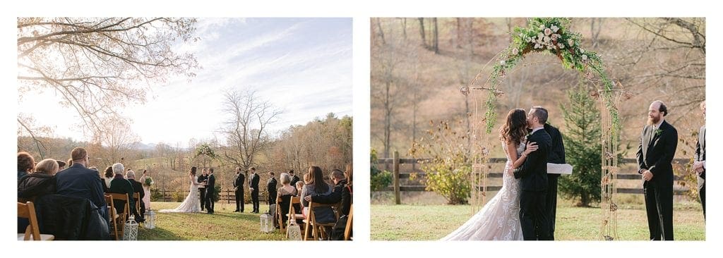 Bride and groom saying wedding vows and then sharing kiss under floral arch outdoors - kathy beaver photography