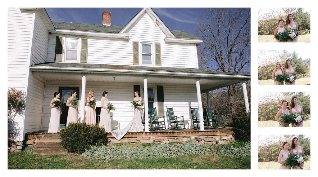 Brides and bridesmaids standing  on front porch of white farmhouse - kathy beaver photography