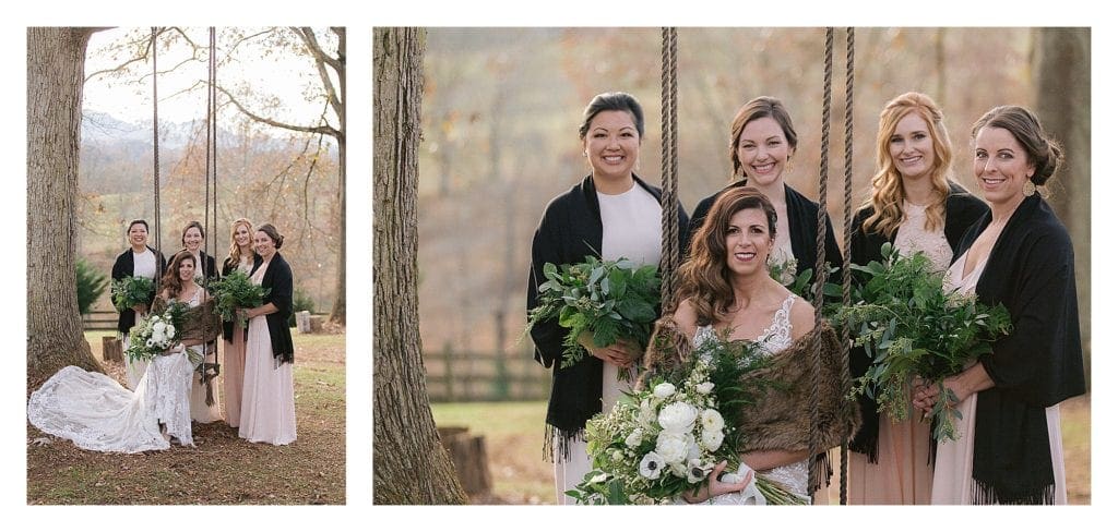 Bride sitting on wooden tree swing with four bridesmaids standing behind her - kathy beaver photography
