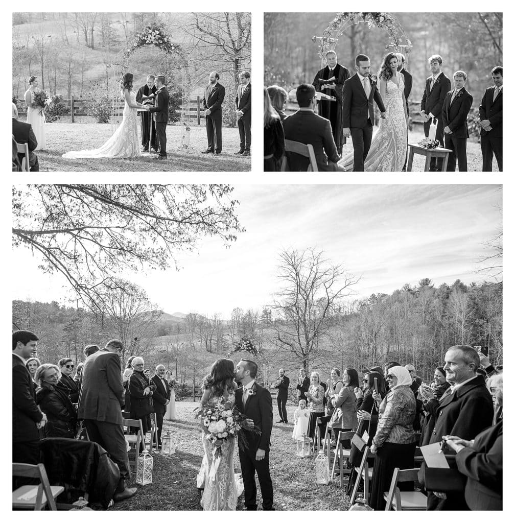 Black and white photos of bride and groom saying vows and then walking down the aisle at the end of wedding - kathy beaver photography