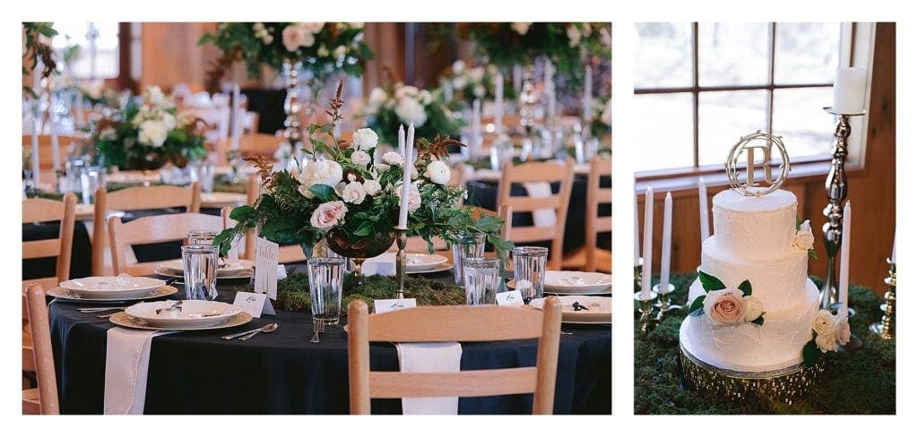 Wedding tablescape and white wedding cake with cream floral accents - kathy beaver photography