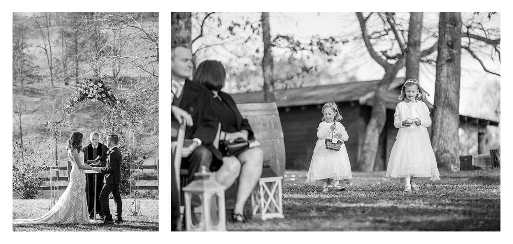 Black and white photos of bride and groom holding hands saying vows and two young flower girls walking down the aisle - kathy beaver photography