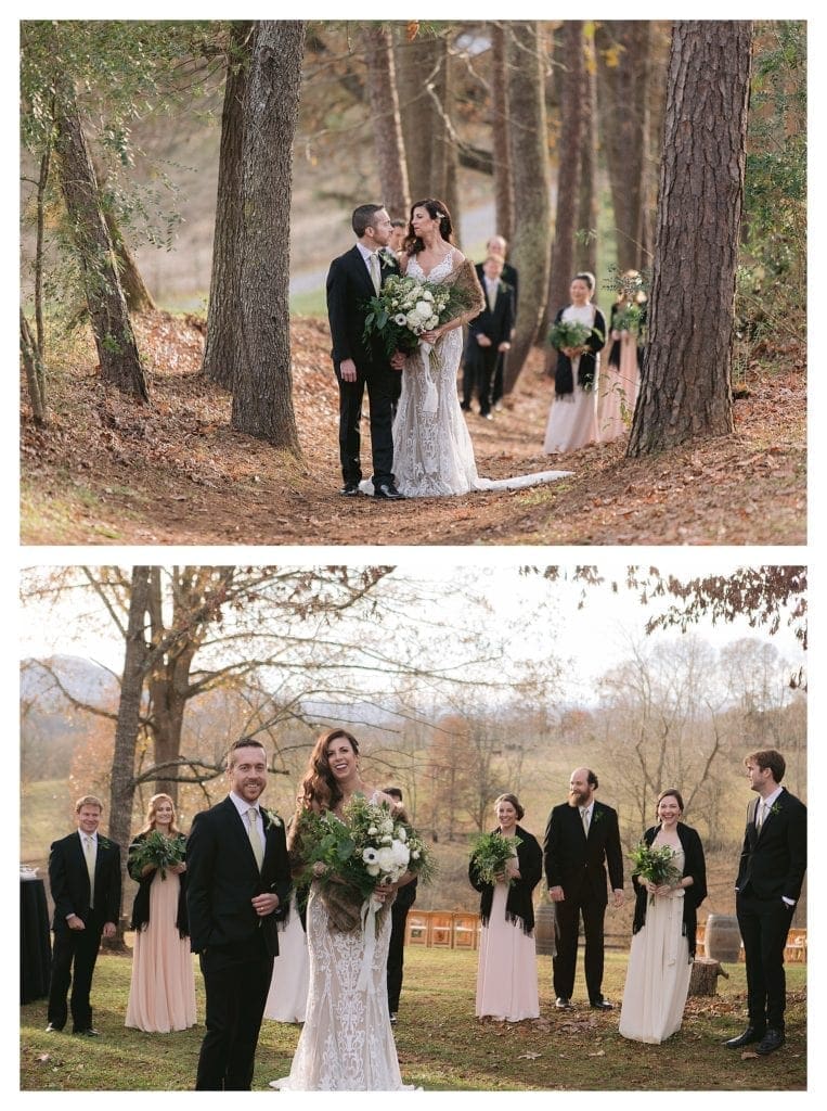 Wedding party posing with treed backdrop in december in north carolina - kathy beaver photography