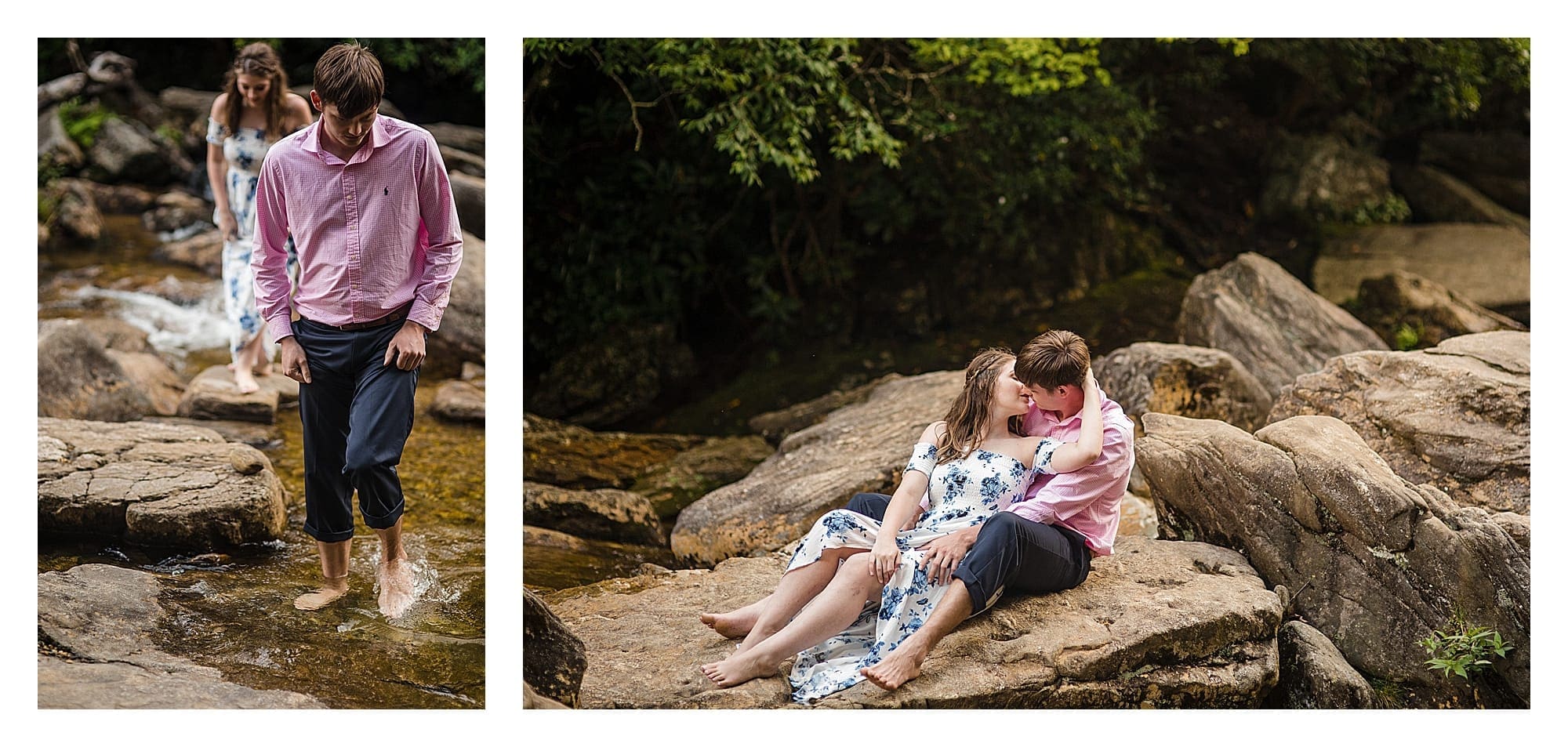 Photo of couple walking barefoot across a small river / photo two of couple sitting on rock beside river kissing