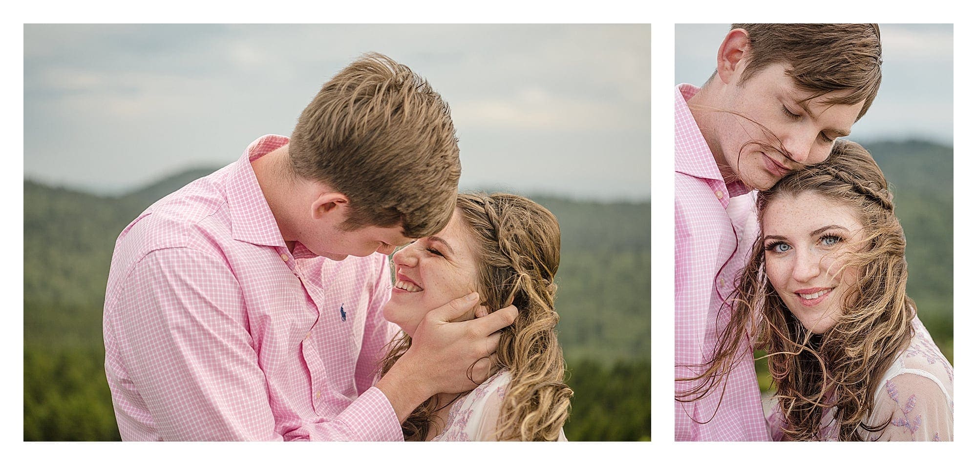 Engaged couple posing for camera smiling with mountain range in background