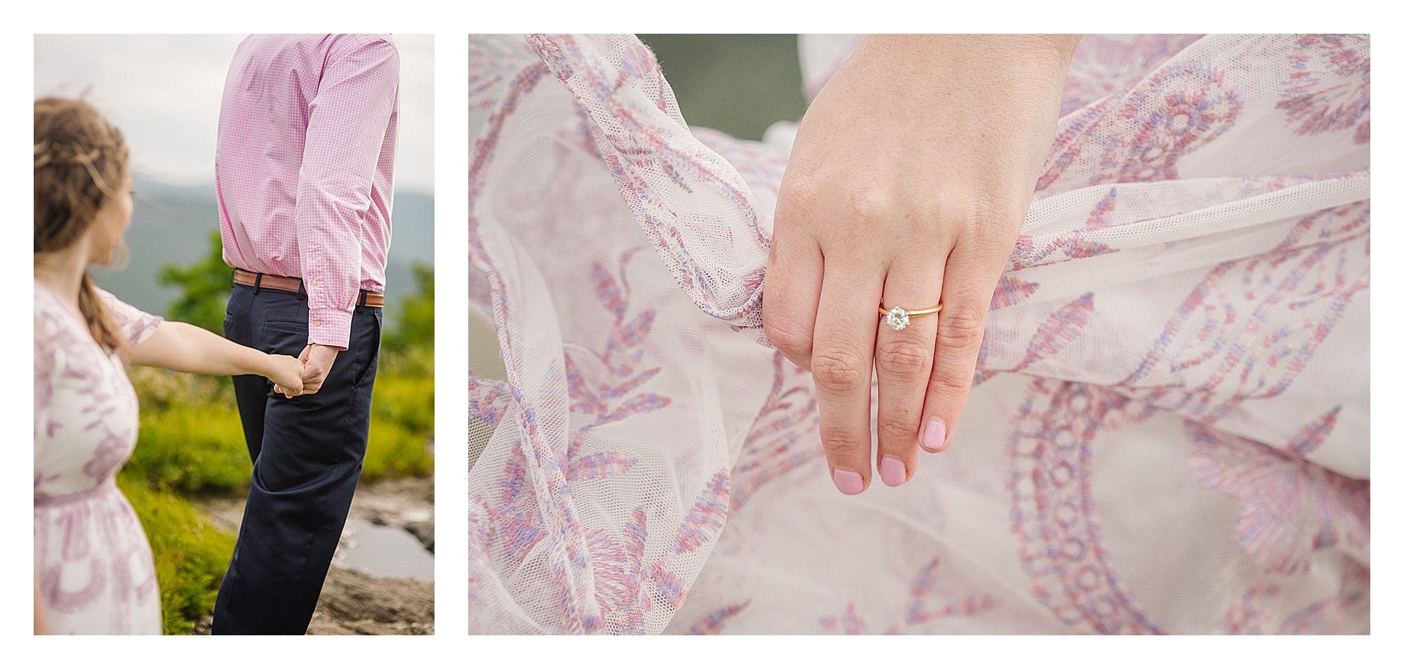 Engaged couple holding hands walking along mountain top and photo of beautiful gold band engagement ring