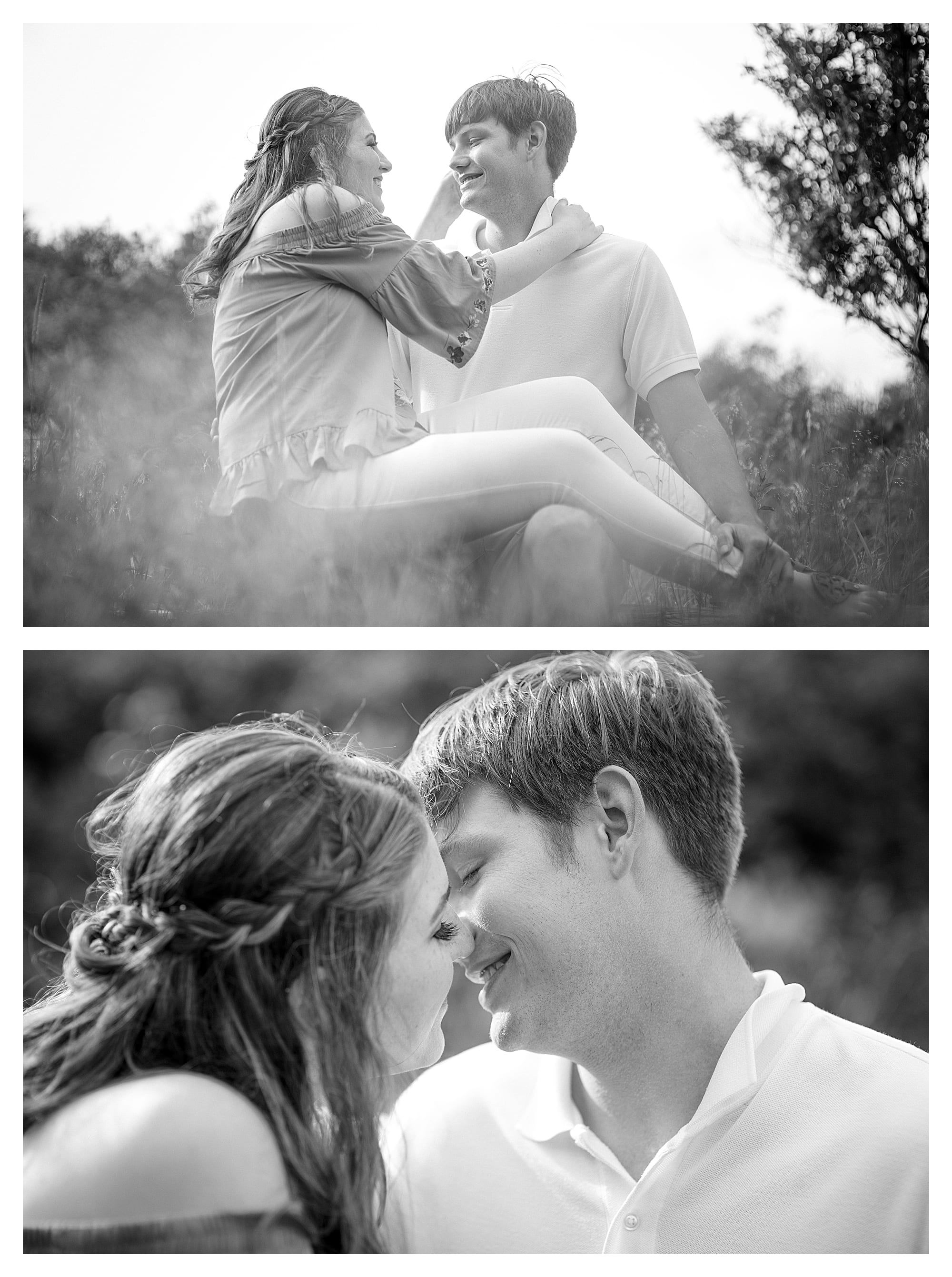Black and white photos of young engaged couple sitting in a grassy field laughing with one another