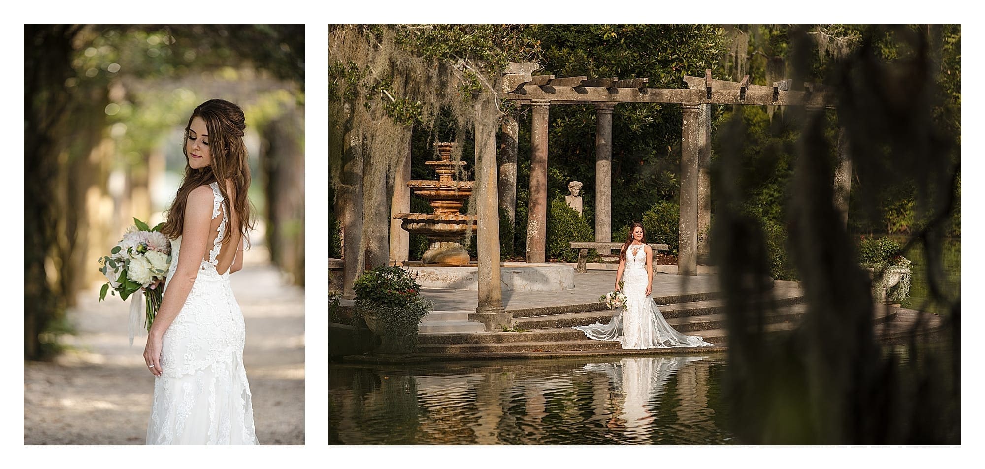 Bride standing on garden steps beside water fountain