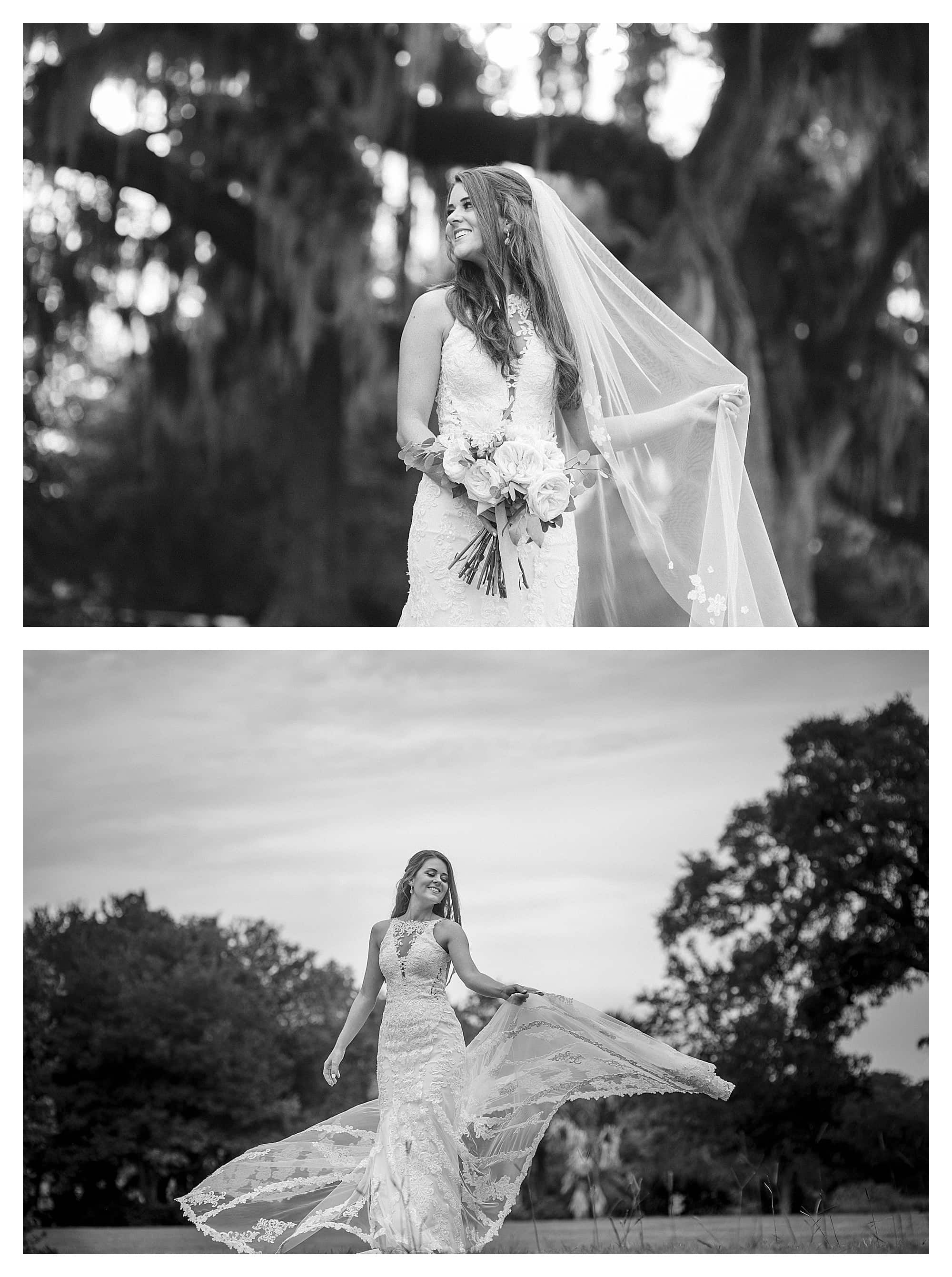 Black and White photos of bride in wedding dress and veil standing under tree and twirling in field